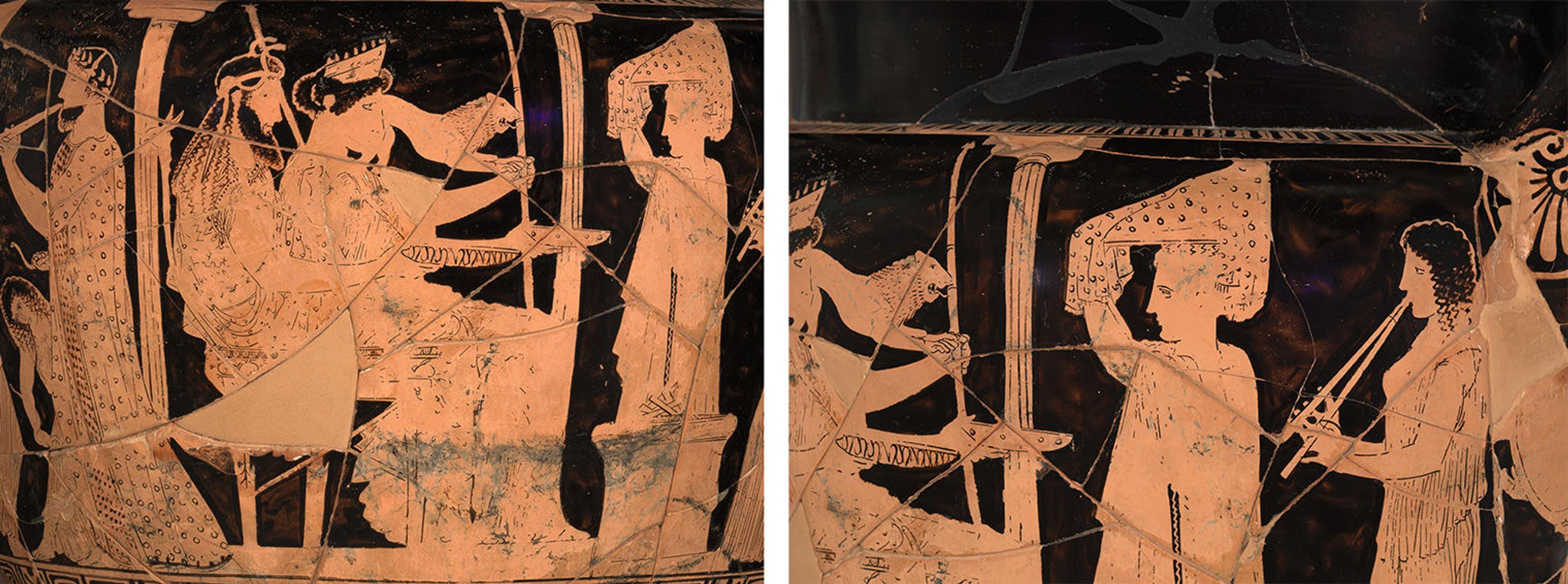 Two detail images of the volute-krater that show the divine couple seated between two columns, flanked by a priestess and figures playing instruments.