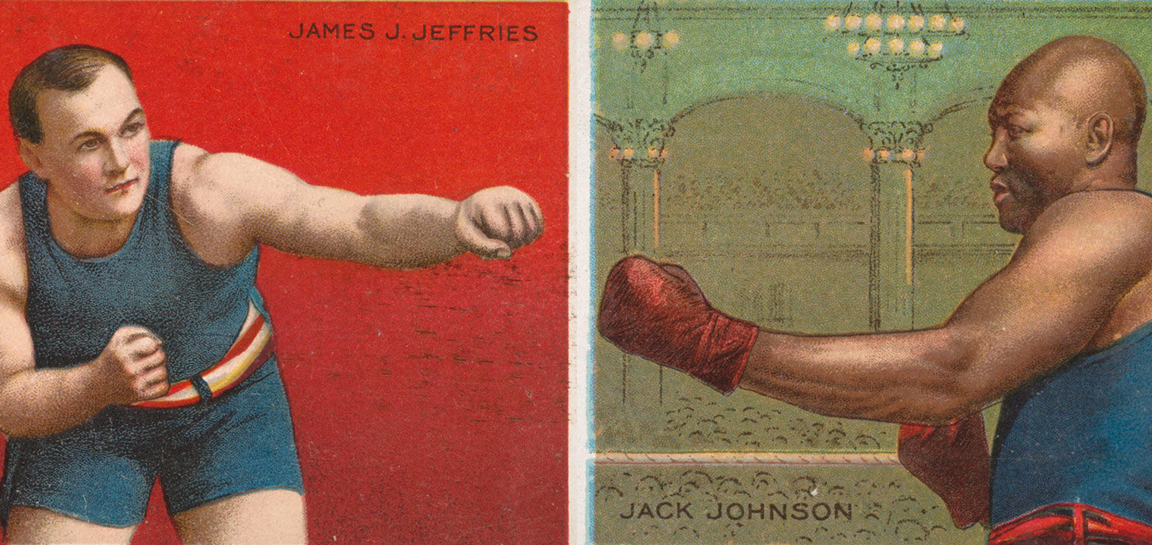 Vintage boxing cards from the early 20th century depicting James Jeffries (left) and  Jack Johnson (right)