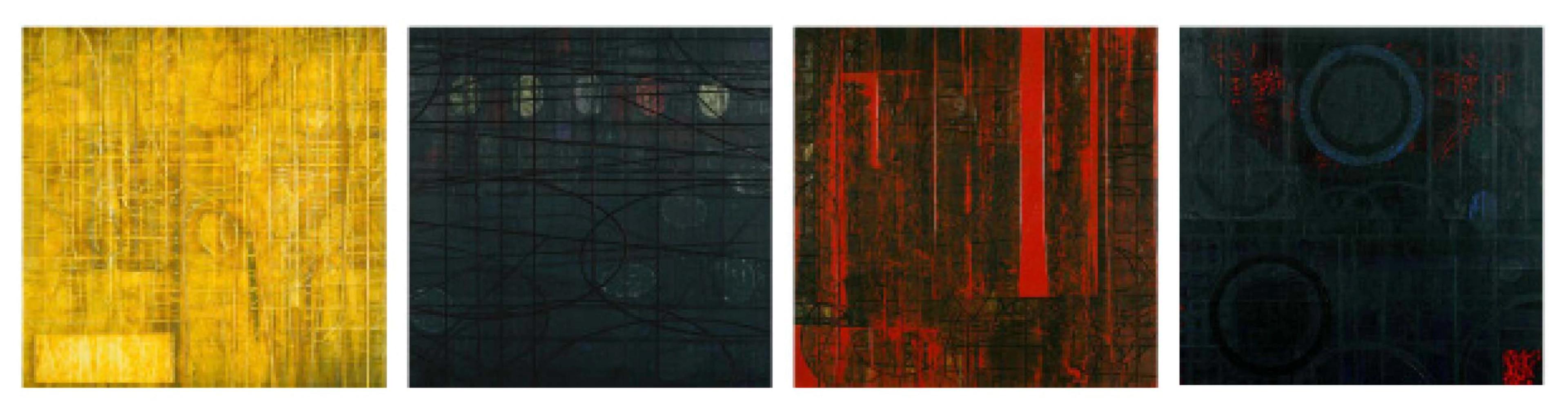 Peter Hristoff work Turbe, with four separate squares of abstract shapes and colors