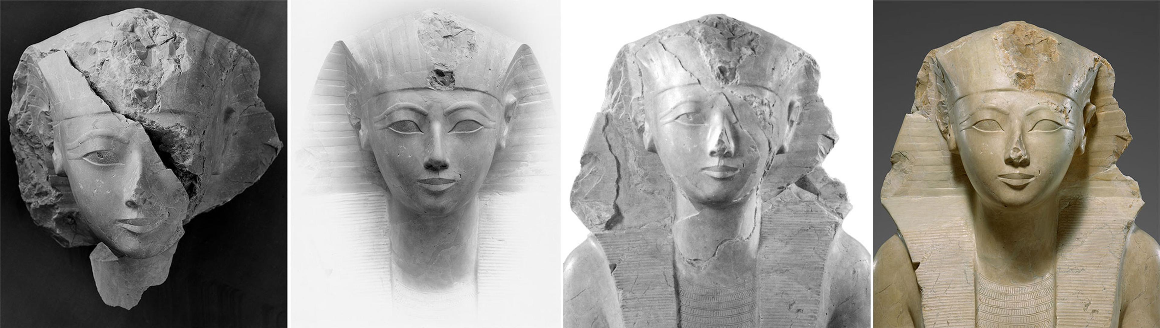 A grid of four squares laid out horizontally showing different stages of restoration on an ancient Egyptian statue.