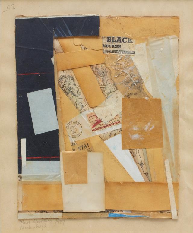 Collage with strips of black, tan, and gray papers in varying sizes.