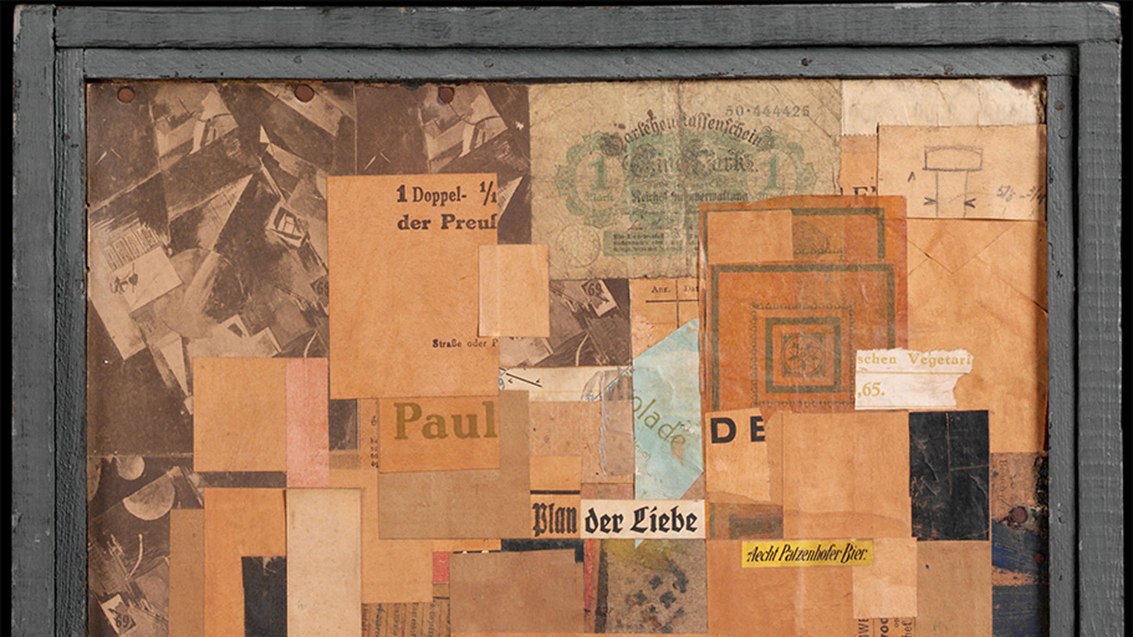 A collage of various printed and blank paper pieces, with muted tones of beige, brown, and black