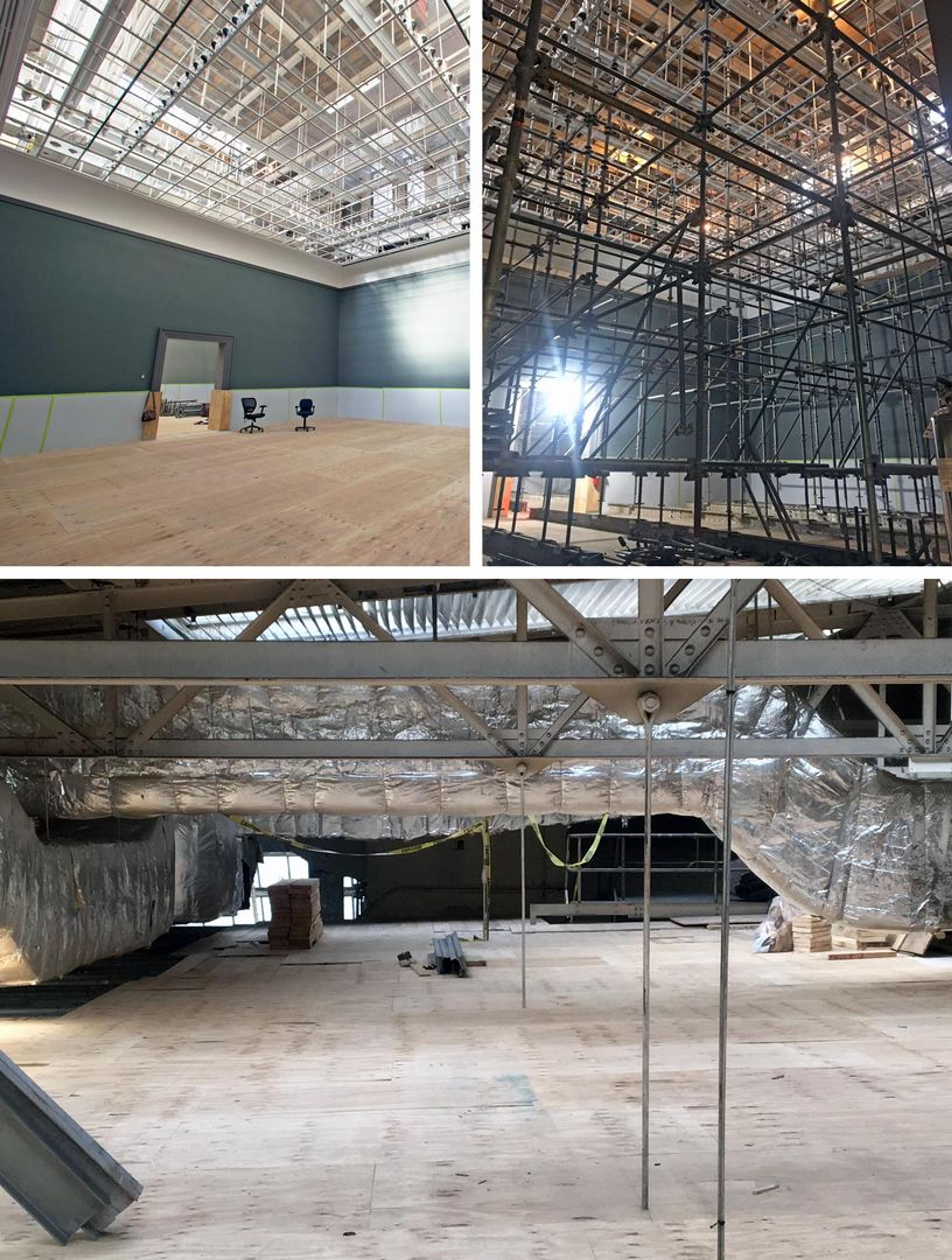 Three different views of construction activities taking place in The Met's European Paintings galleries