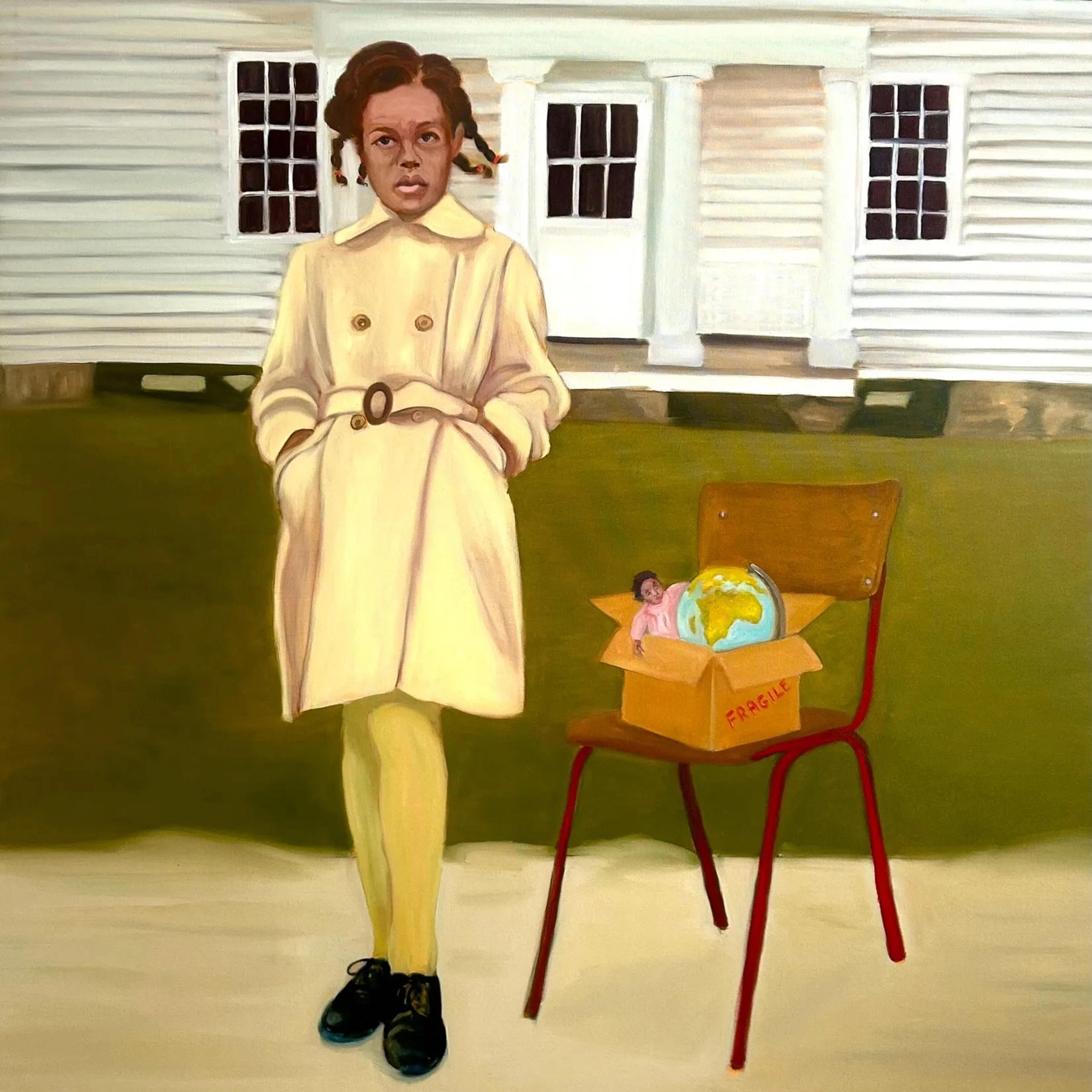 Painting of a girl in braids wearing a yellow trench coat and standing in front of a white house.