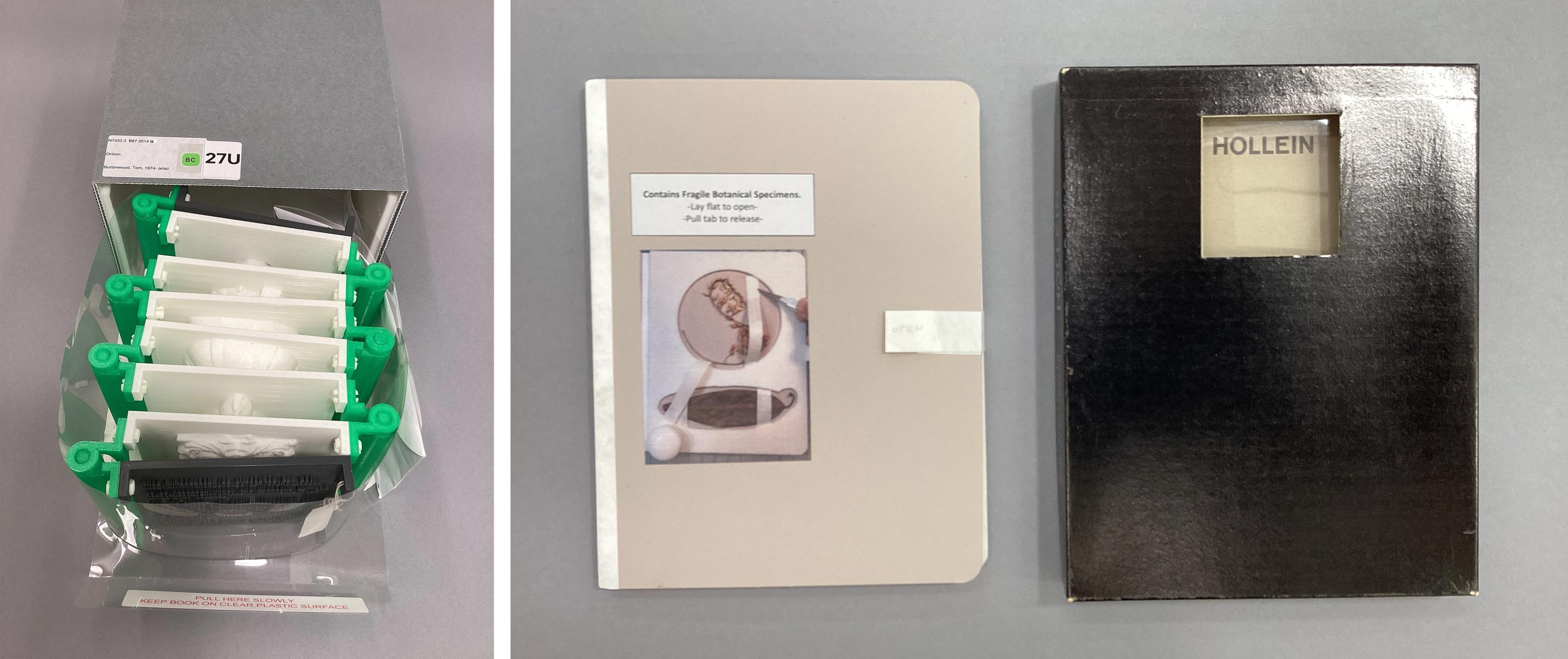A 3-D printed book and an exhibition catalog.