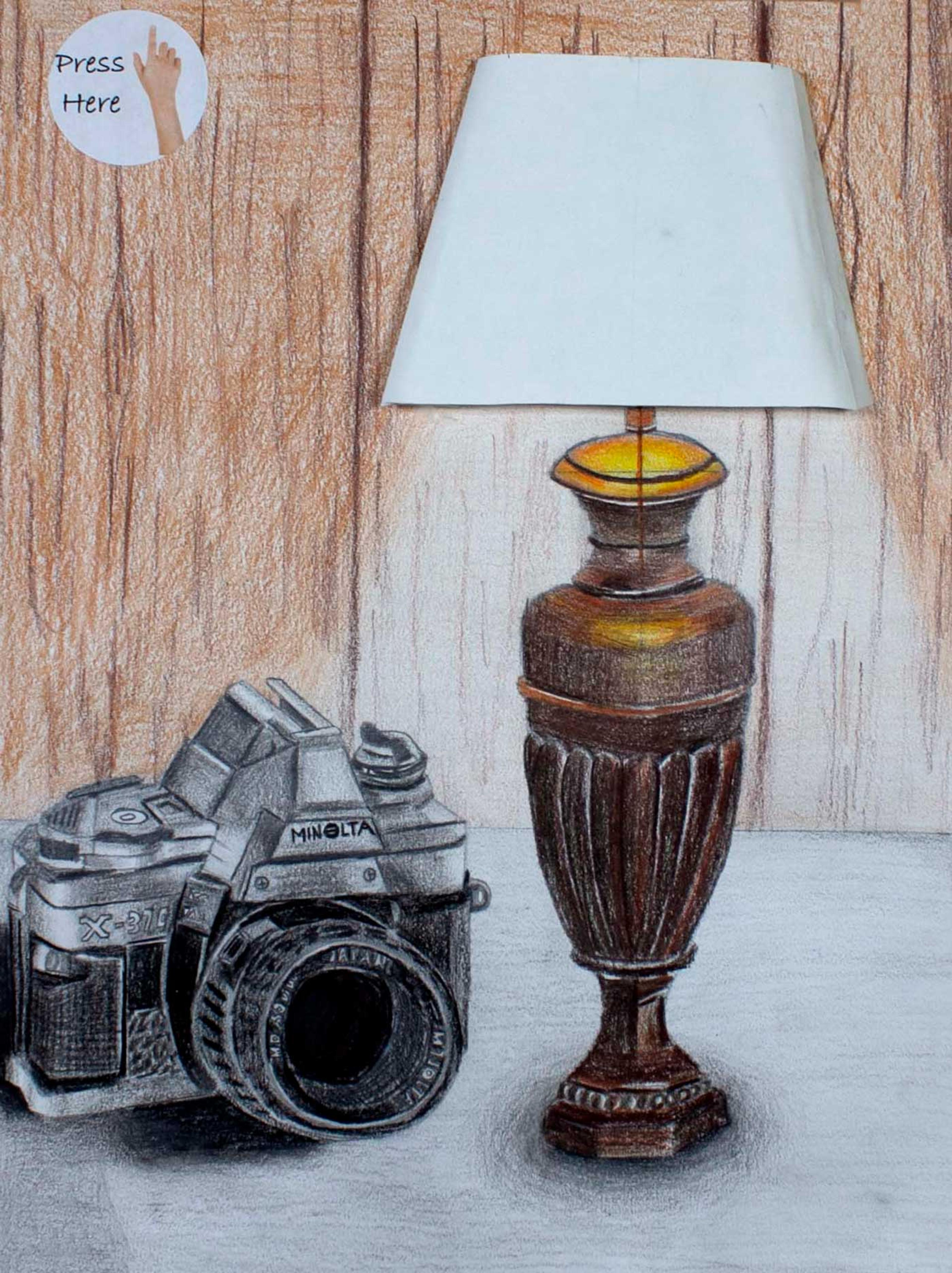 Painting of a bronze lamp with a white lampshade and a black camera.