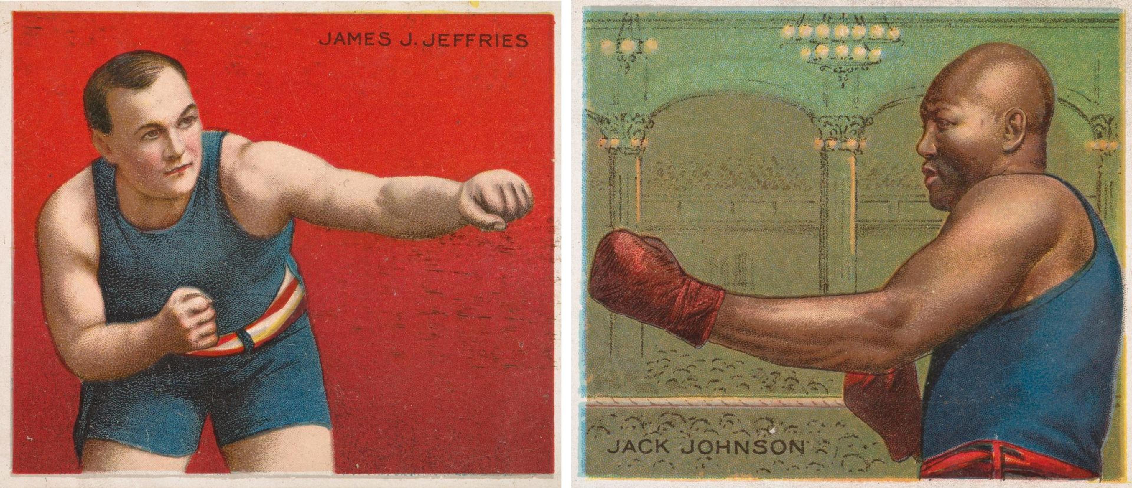 Vintage boxing cards from the early 20th century depicting Jack Johnson (right) and James Jeffries (left)