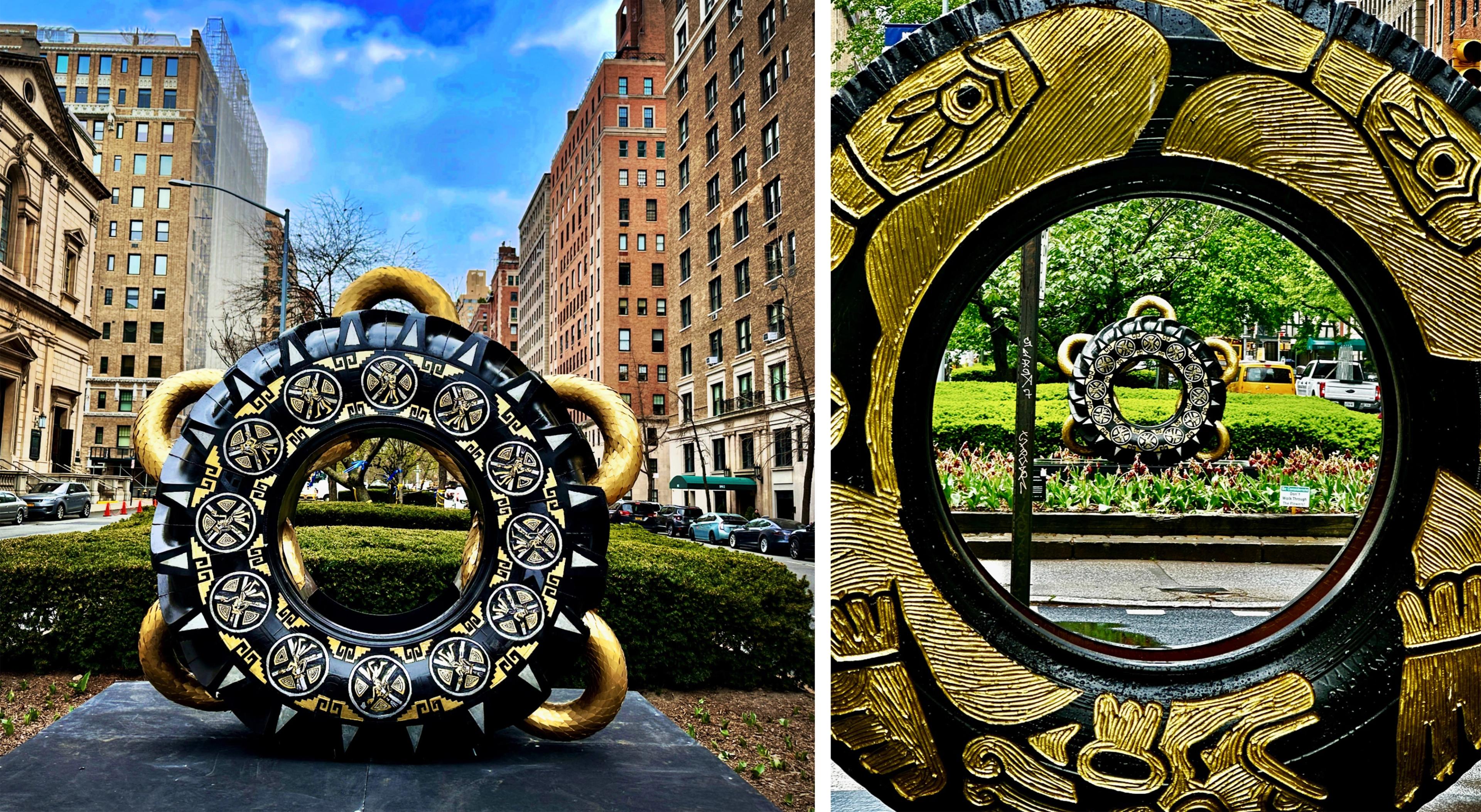 On the left, a tractor tire brightly engraved and painted in gold colors on display at Park Avenue. On the right, a close-up of a tractor tire engraved and painted in golden patterns, framing another transformed tire across the street.