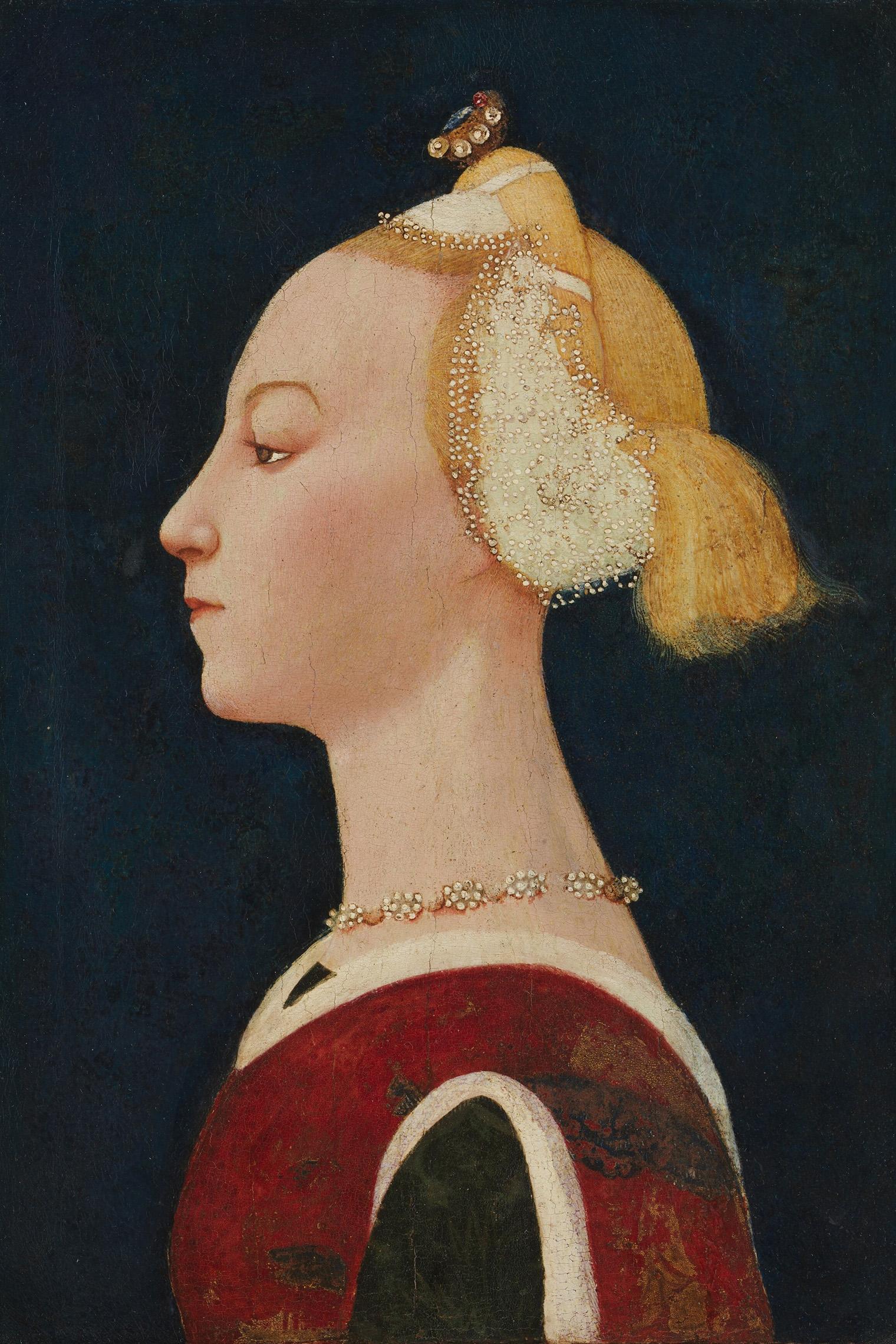 portrait of a woman with blonde hair adorned with pearls, wearing a red dress and pearl necklace. Set against a dark blue background