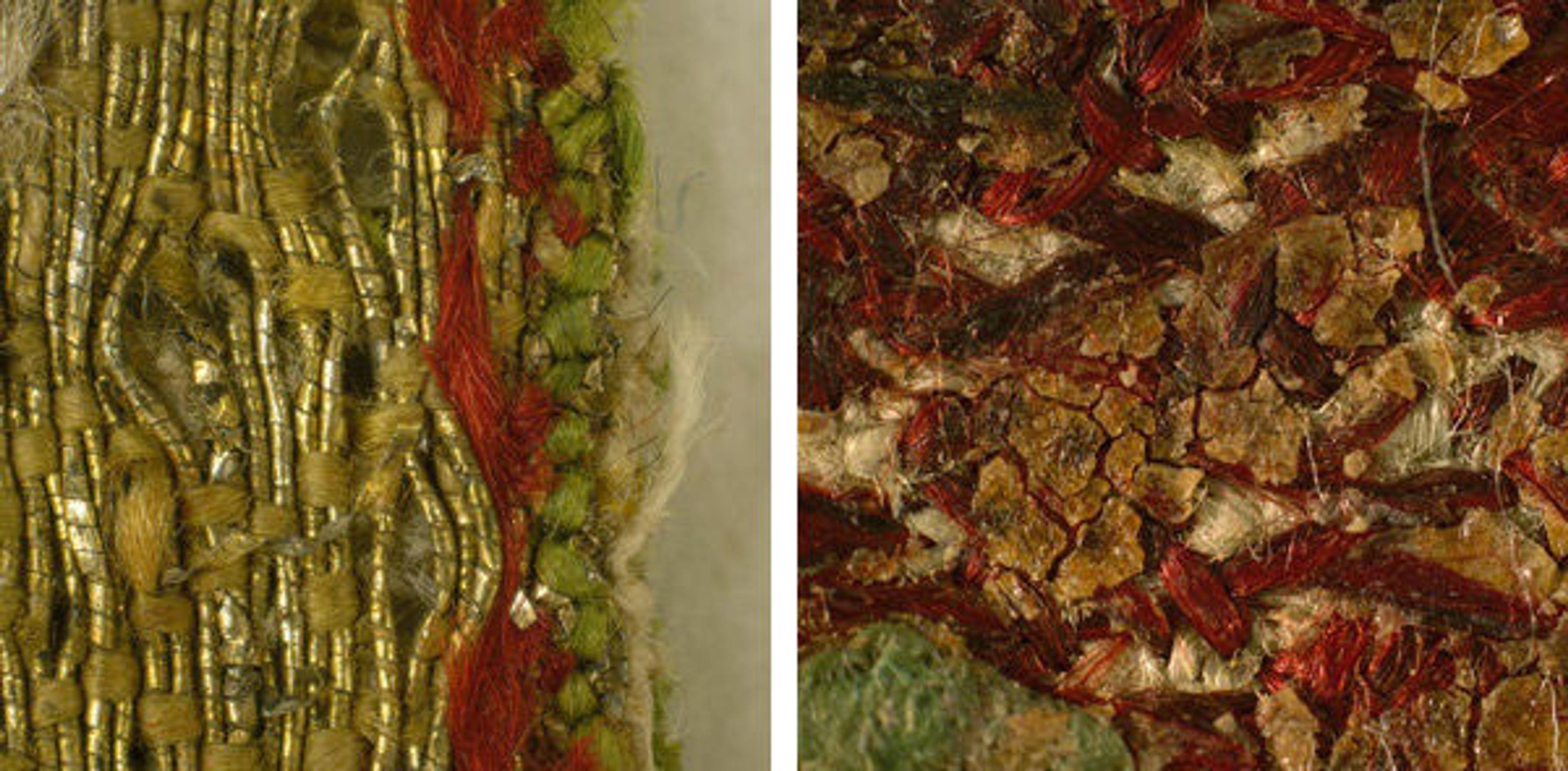 Left: Fig. 6. This magnified detail of the roundel's edge (magnified 5x) from Saint Martin Brings a Dead Man to Life (1975.1.1906), showing red and green silk thread stitches, suggests evidence of its original boundary or previous application to a vestment. Right: Fig. 7. Detail of the reverse surface of Saint Martin Brings a Dead Man to Life (1975.1.1906)