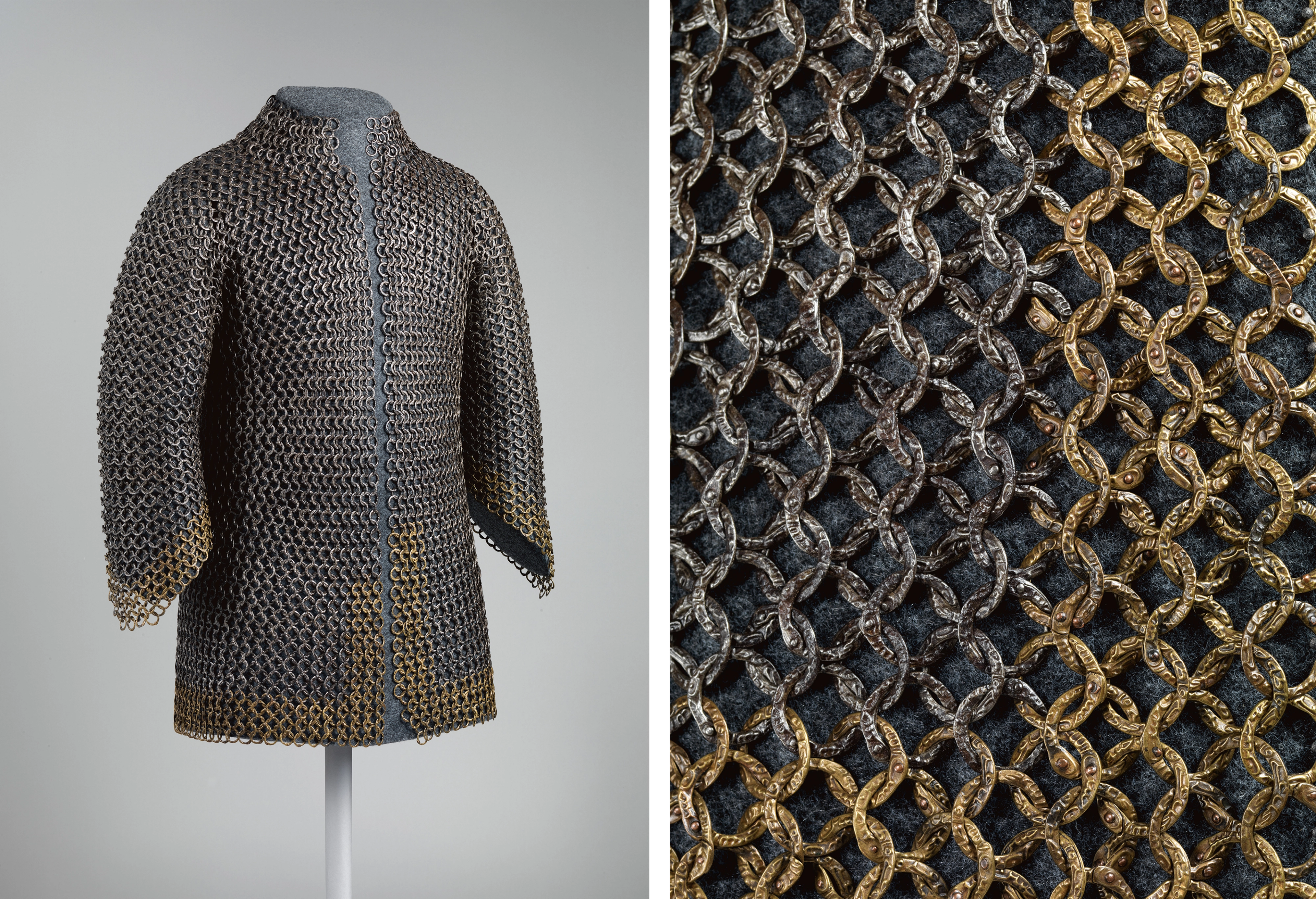 At left, a silver- and gold-colored shirt made of interlocking metal rings. At right, a detail view shows inscriptions stamped on the rings.