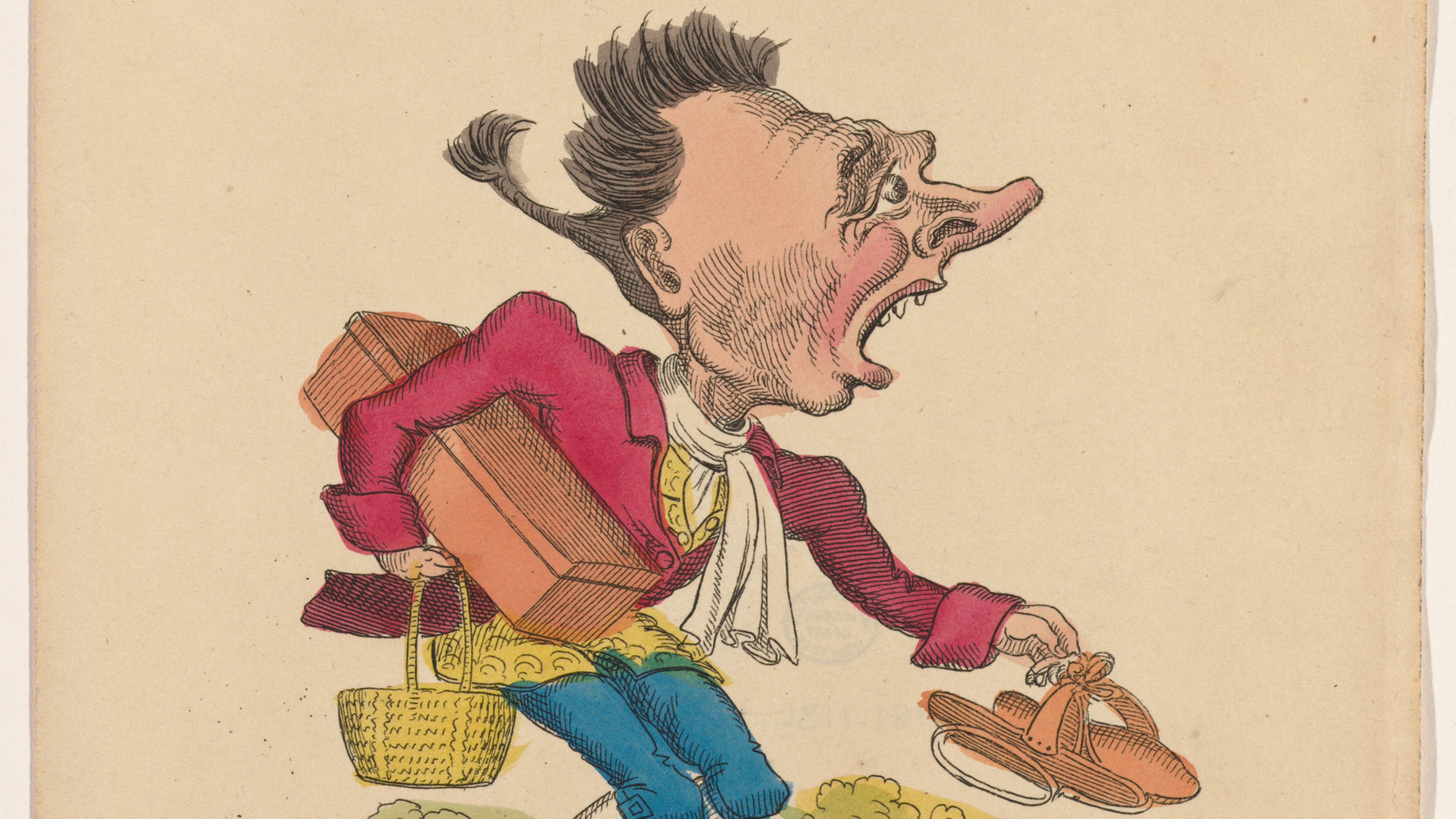 A man with a cartoonish face is laden with objects, with a critical poem written beneath him.