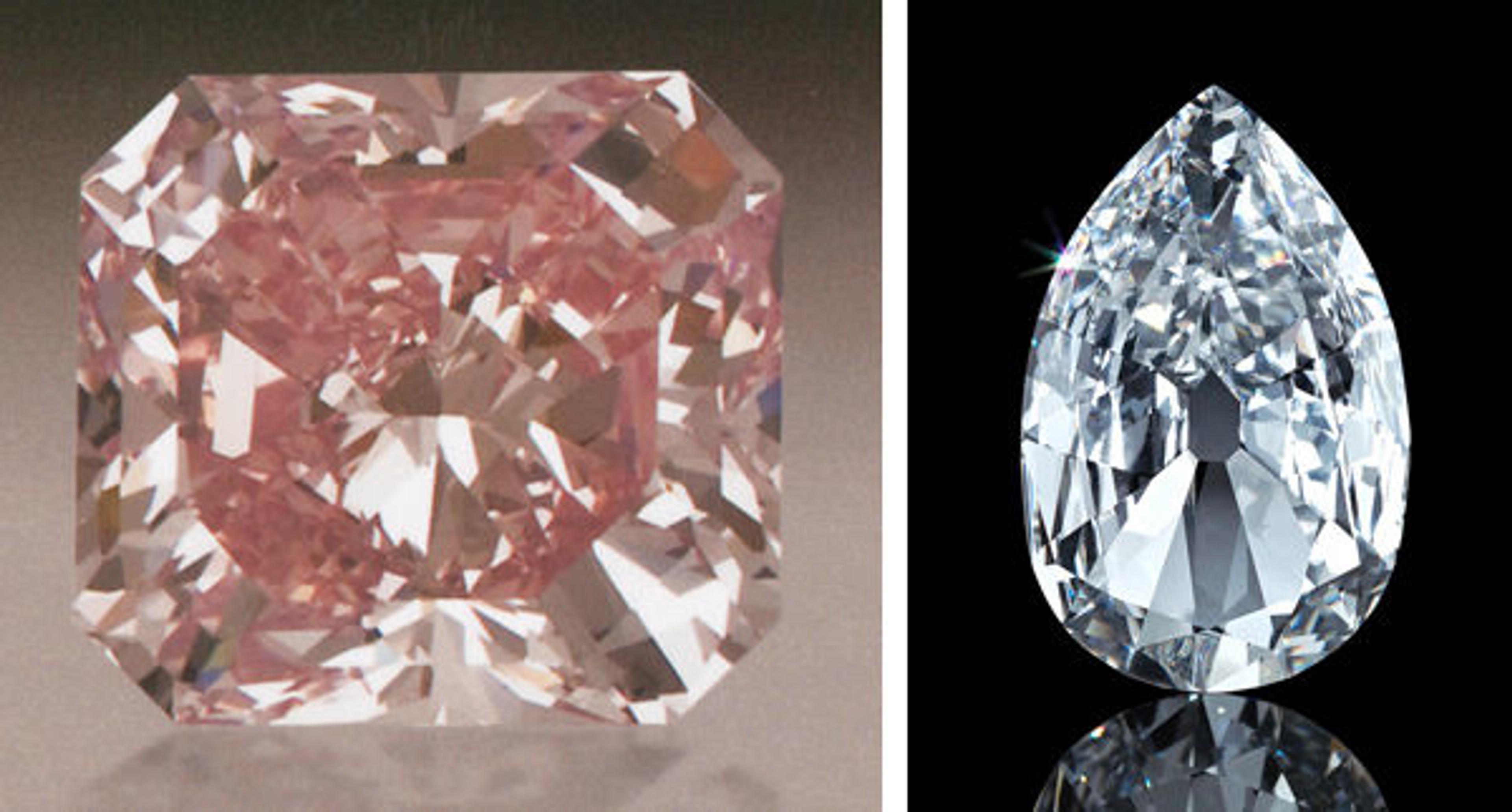 Left: "Agra" diamond, 16th century. India, Golconda. Islamic. 28.15 carats. The Al-Thani Collection. Right: "Arcott II" diamond, late 18th century; modified 1959 and 2011. India, Golconda. Islamic. 17.21 carats. The Al-Thani Collection