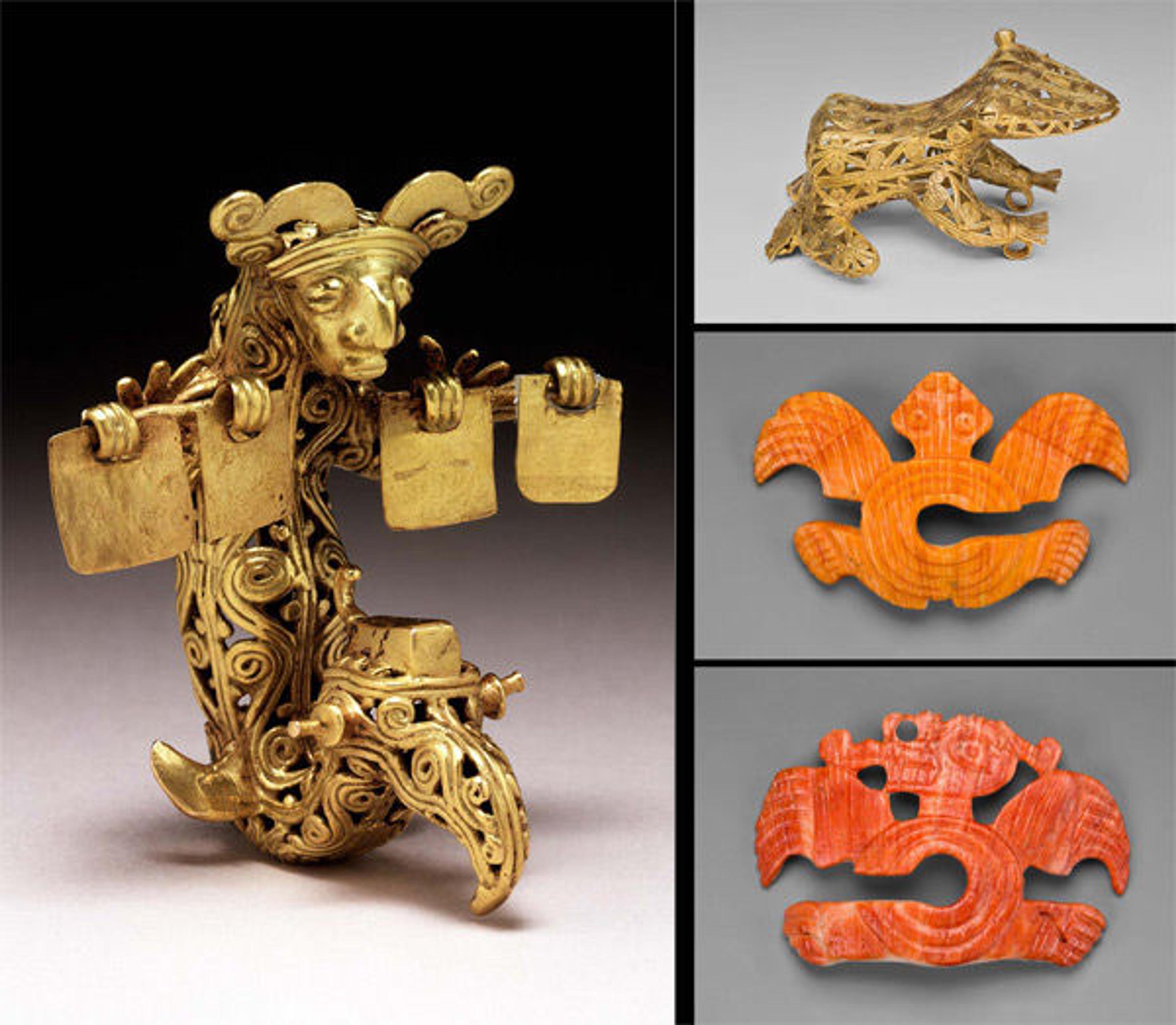 Fig. 3. Left: Combined-figure pendant, 700–1000 CE. Coclé, Panama. Gold; H 6.15 x W 5.18 x D 4.13 cm (2 7/16 x 2 1/16 x 1 5/8 in.). Dumbarton Oaks Research Library and Collection, Washington, D.C., Pre-Columbian Collection (PC.B.372). Upper right: Filigree pendant in the form of a frog or toad, A.D. 500/1000. Cast gold; L. 18.26 cm (7 3/16 in.). The Art Institute Chicago, Wirt D. Walker Fund (1969.792). Center right: Nose ornament in the form of a turtle with C-shaped body, A.D. 800/1200. Spondylus shell; W. 7.3 cm (2 7/8 in.). The Art Institute Chicago, Wirt D. Walker Fund (1969.795). Lower right: Nose ornament in the form of a long-nosed Saurian with C-shaped body, A.D. 800/1200. Spondylus shell; W. 7.9 cm (3 1/8 in.). The Art Institute Chicago, Wirt D. Walker Fund (1969.794)