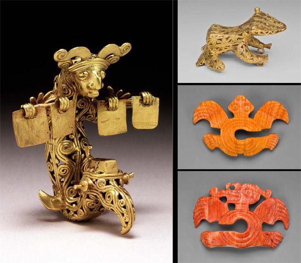Fig. 3. Left: Combined-figure pendant, 700–1000 CE. Coclé, Panama. Gold; H 6.15 x W 5.18 x D 4.13 cm (2 7/16 x 2 1/16 x 1 5/8 in.). Dumbarton Oaks Research Library and Collection, Washington, D.C., Pre-Columbian Collection (PC.B.372). Upper right: Filigree pendant in the form of a frog or toad, A.D. 500/1000. Cast gold; L. 18.26 cm (7 3/16 in.). The Art Institute Chicago, Wirt D. Walker Fund (1969.792). Center right: Nose ornament in the form of a turtle with C-shaped body, A.D. 800/1200. Spondylus shell; W. 7.3 cm (2 7/8 in.). The Art Institute Chicago, Wirt D. Walker Fund (1969.795). Lower right: Nose ornament in the form of a long-nosed Saurian with C-shaped body, A.D. 800/1200. Spondylus shell; W. 7.9 cm (3 1/8 in.). The Art Institute Chicago, Wirt D. Walker Fund (1969.794)