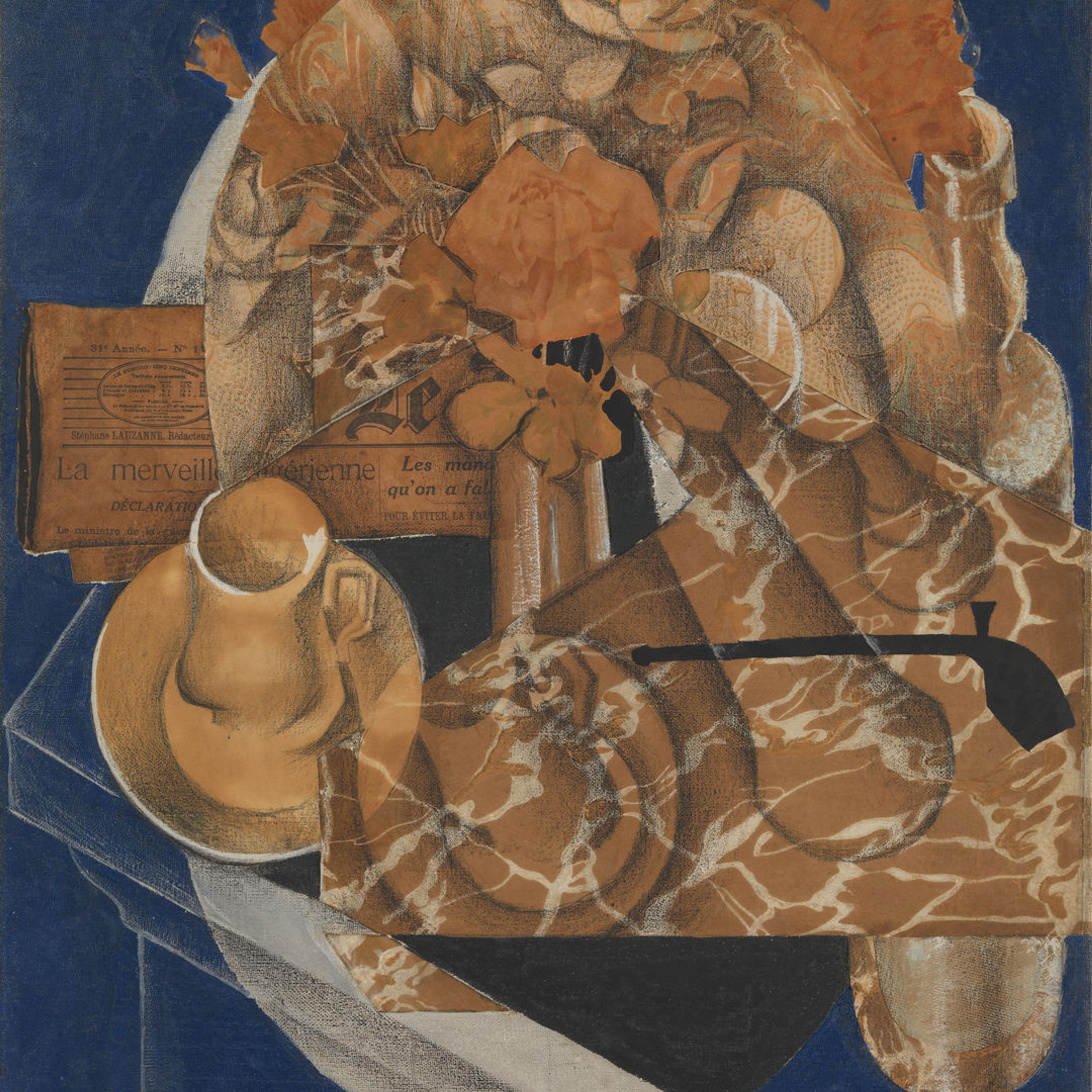 Painting on a midnight blue background with a pipe, bouquet of flowers, wine, and faux marble wallpaper