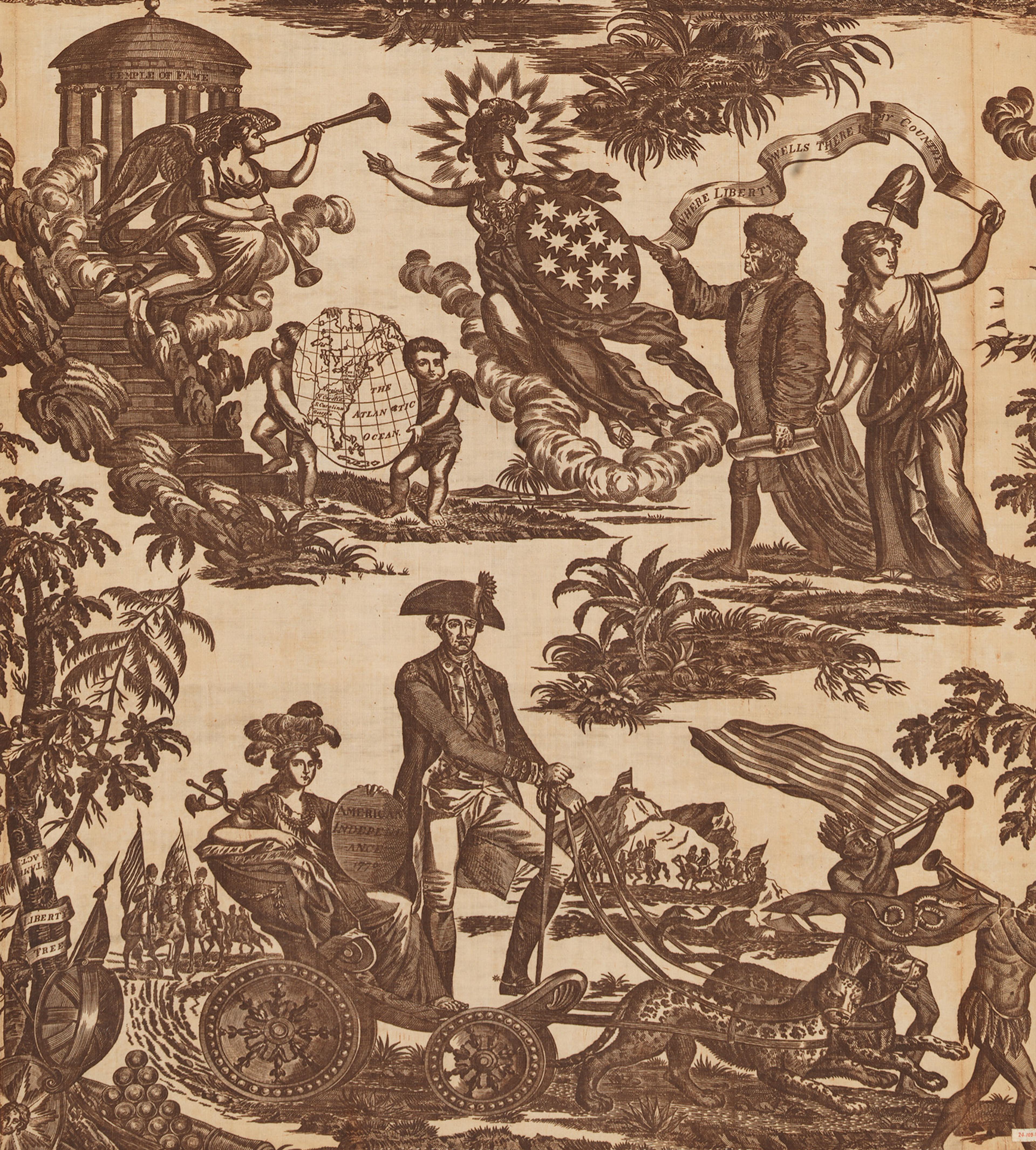 Vintage illustration depicting a historical scene with men in uniforms and a woman holding a banner, set against a backdrop of nature and architecture.