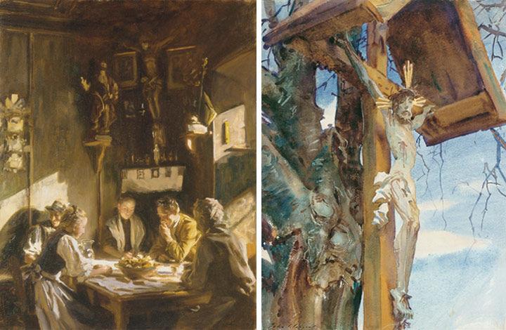 John Singer Sargent's 'Tyrolese Interior' (left) showing a family eating at a table surrounded by religious icons, and 'Tyrolese Crucifix' (right), a watercolor showing Christ on the cross
