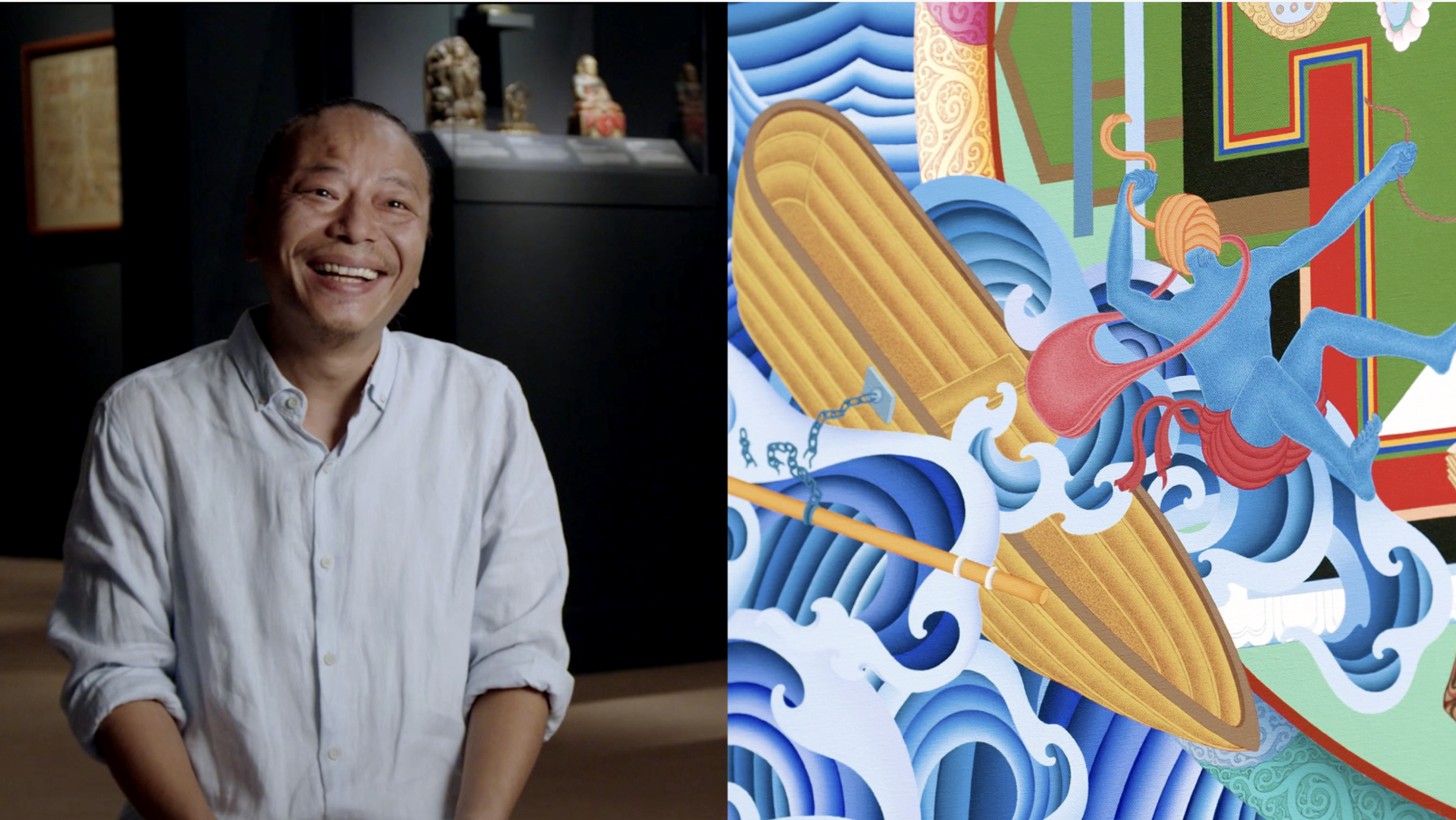 A composite image of a smiling man on the left and a multicolored painting with blue waves at the corner and a blue man fallling out of a yellow boat.