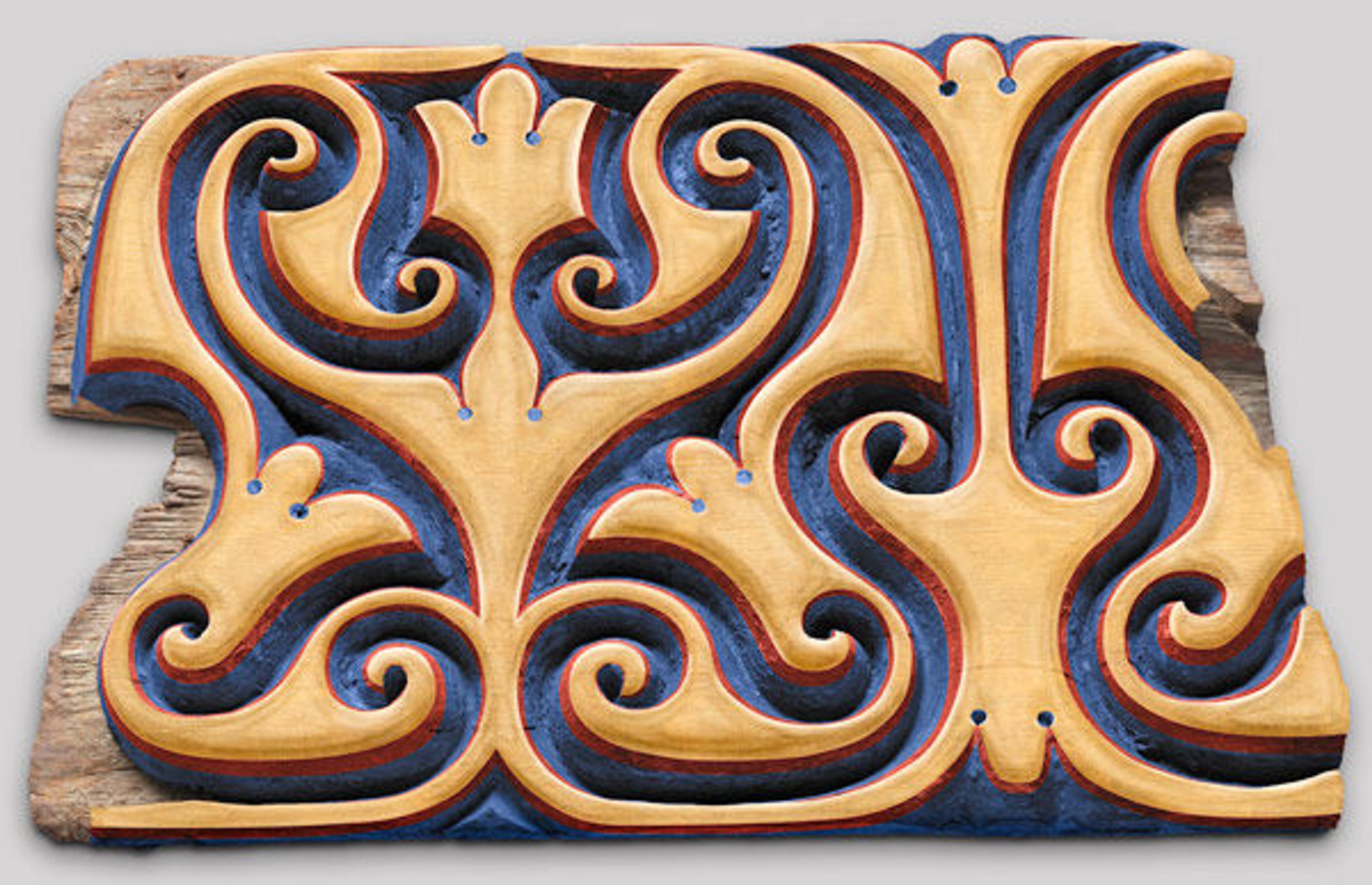 Fig. 10. Hypothetical reconstruction of the painted and gilded decoration on the panel. Since traces of the gilding were only found on the upper half of the beveled edge of the carved ornament, the gilding on the top surface is speculative. Digital reconstruction by Chris Heins, associate imaging specialist in the Met's Photograph Studio