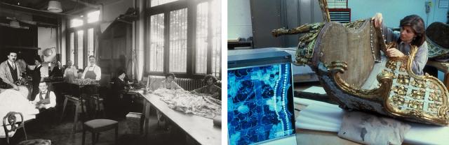 Left: A group of conservators posed for a photograph in the workroom. Right: A conservator handling the upholstery on a chair.