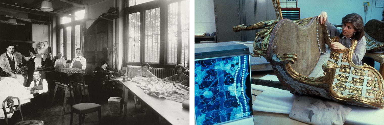 Left: A group of conservators posed for a photograph in the workroom. Right: A conservator handling the upholstery on a chair.