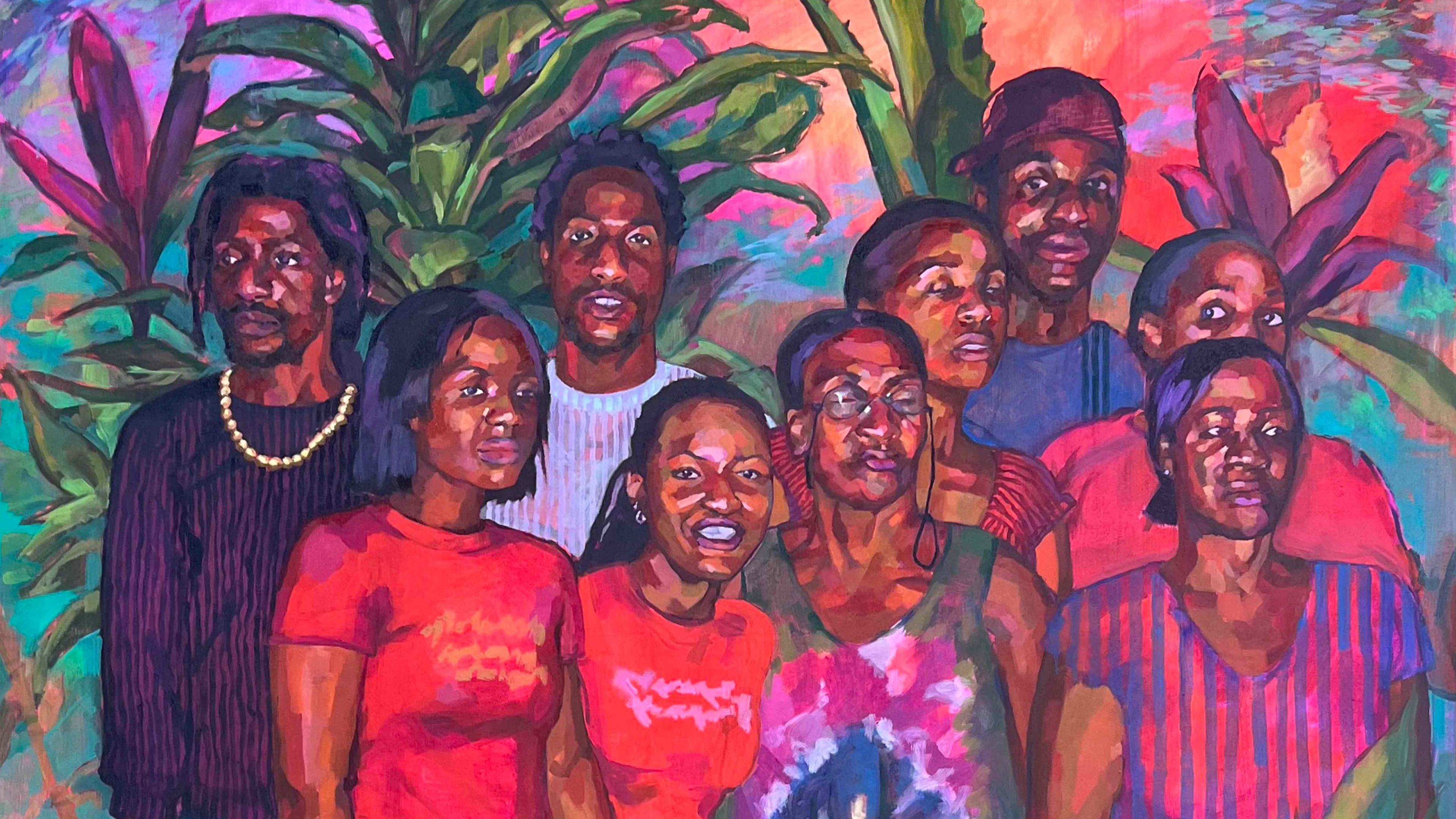 Artwork of nine people standing in front of colorful plants