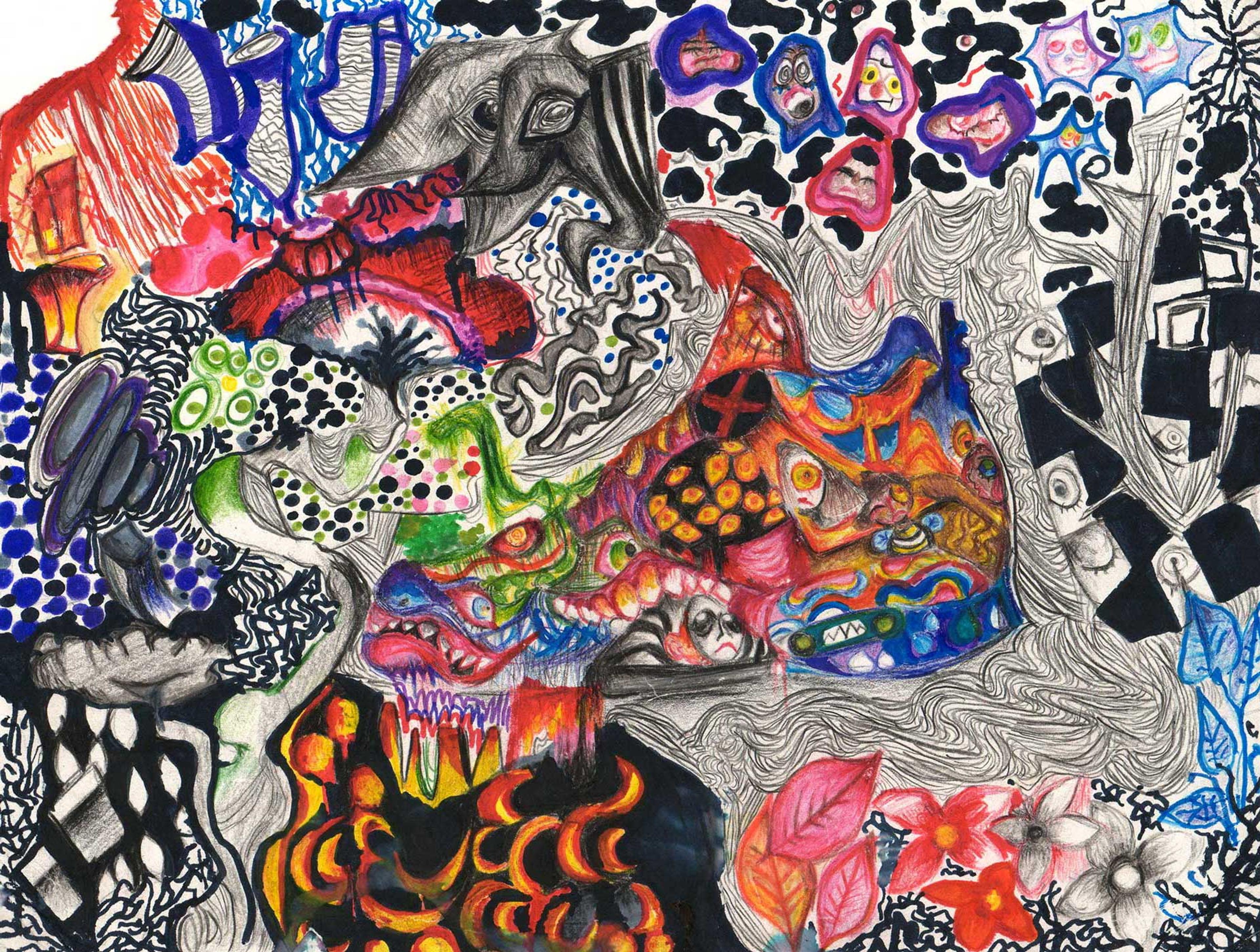 Sneaker drawn with different patterns and colors on a patterned background.