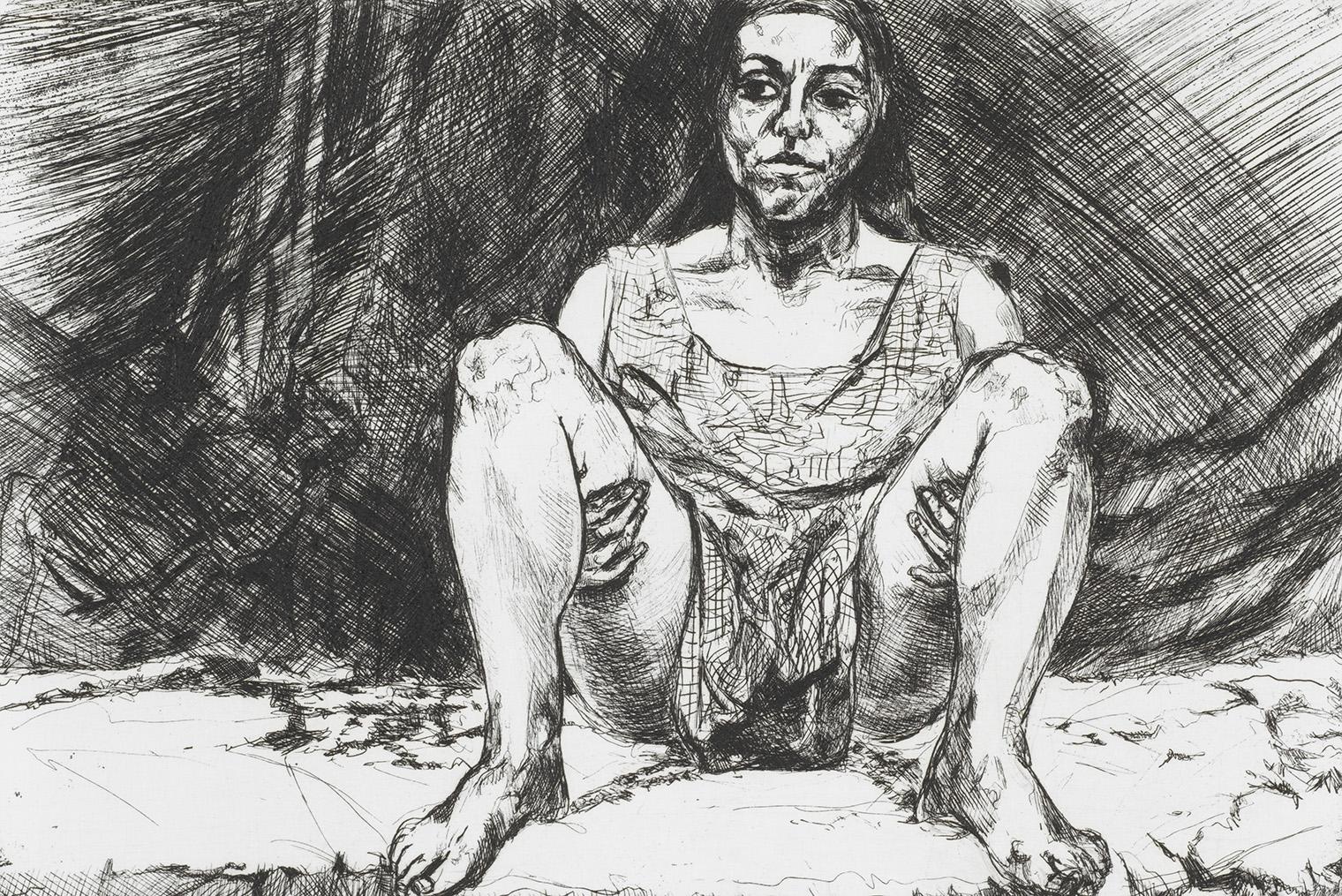 Drawing of woman sitting with her legs at an angle.