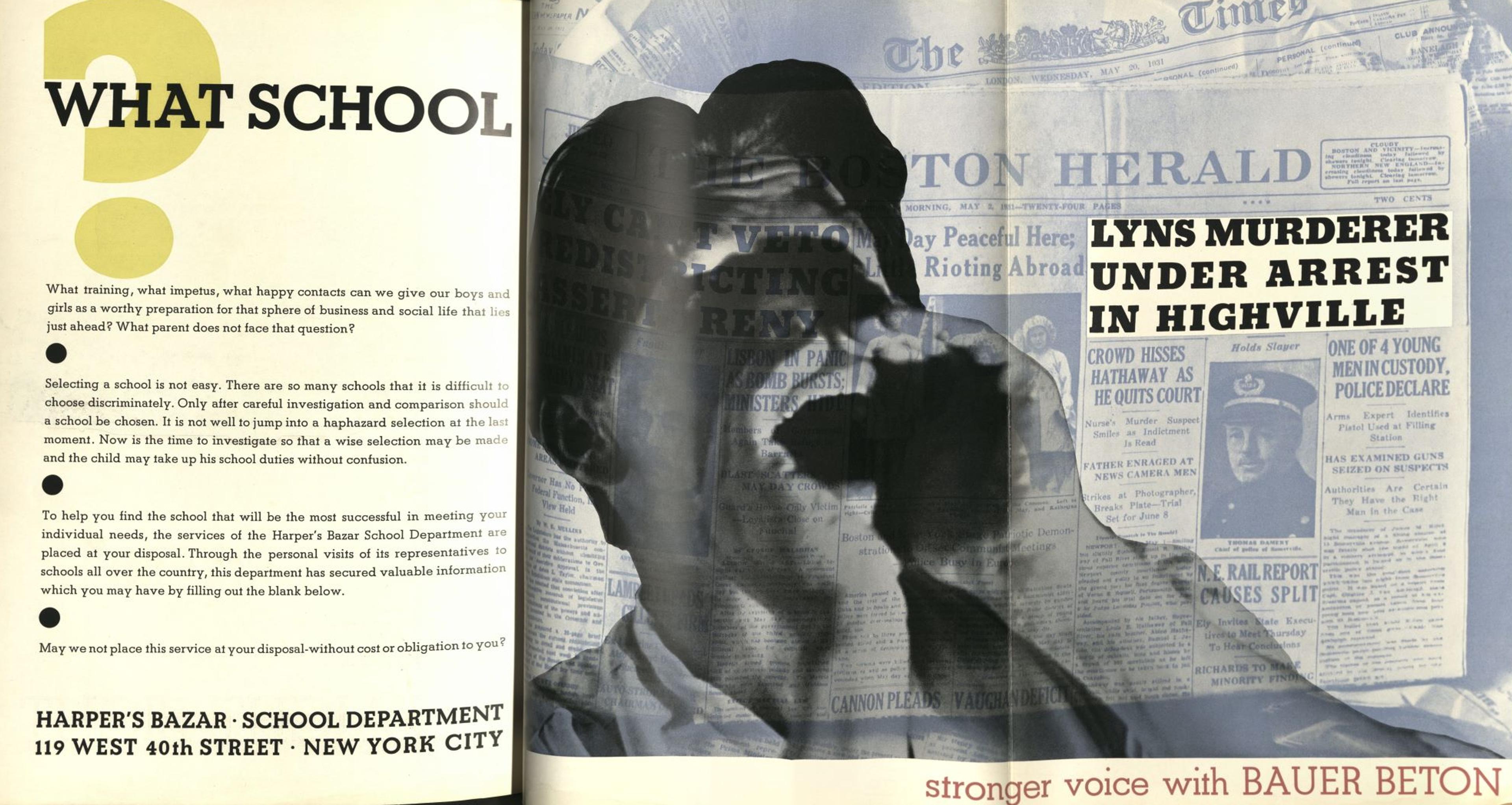 Folded out inside spread with a photo of a man yelling with cupped hands