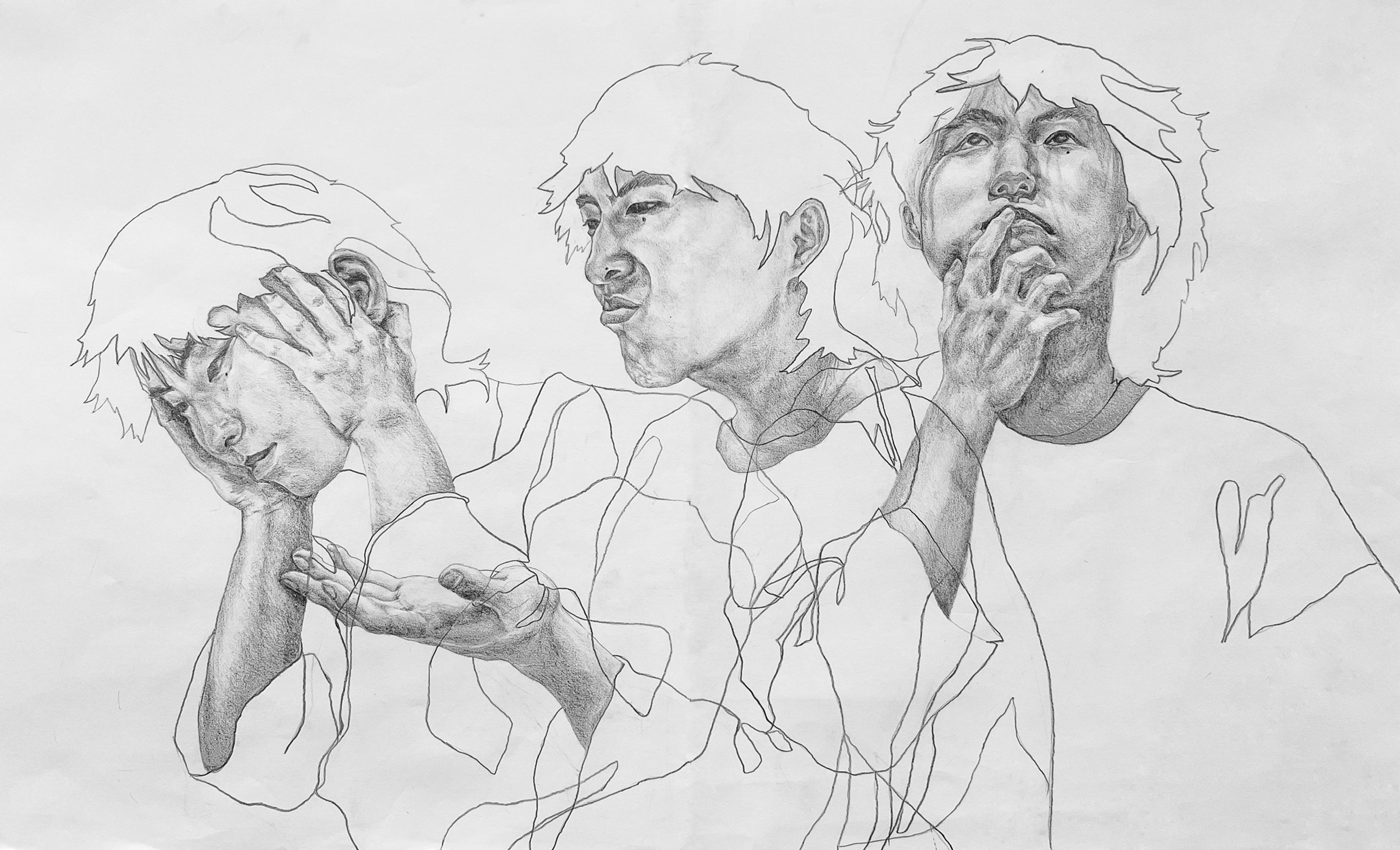 Self portrait lone drawing, with three different emotions