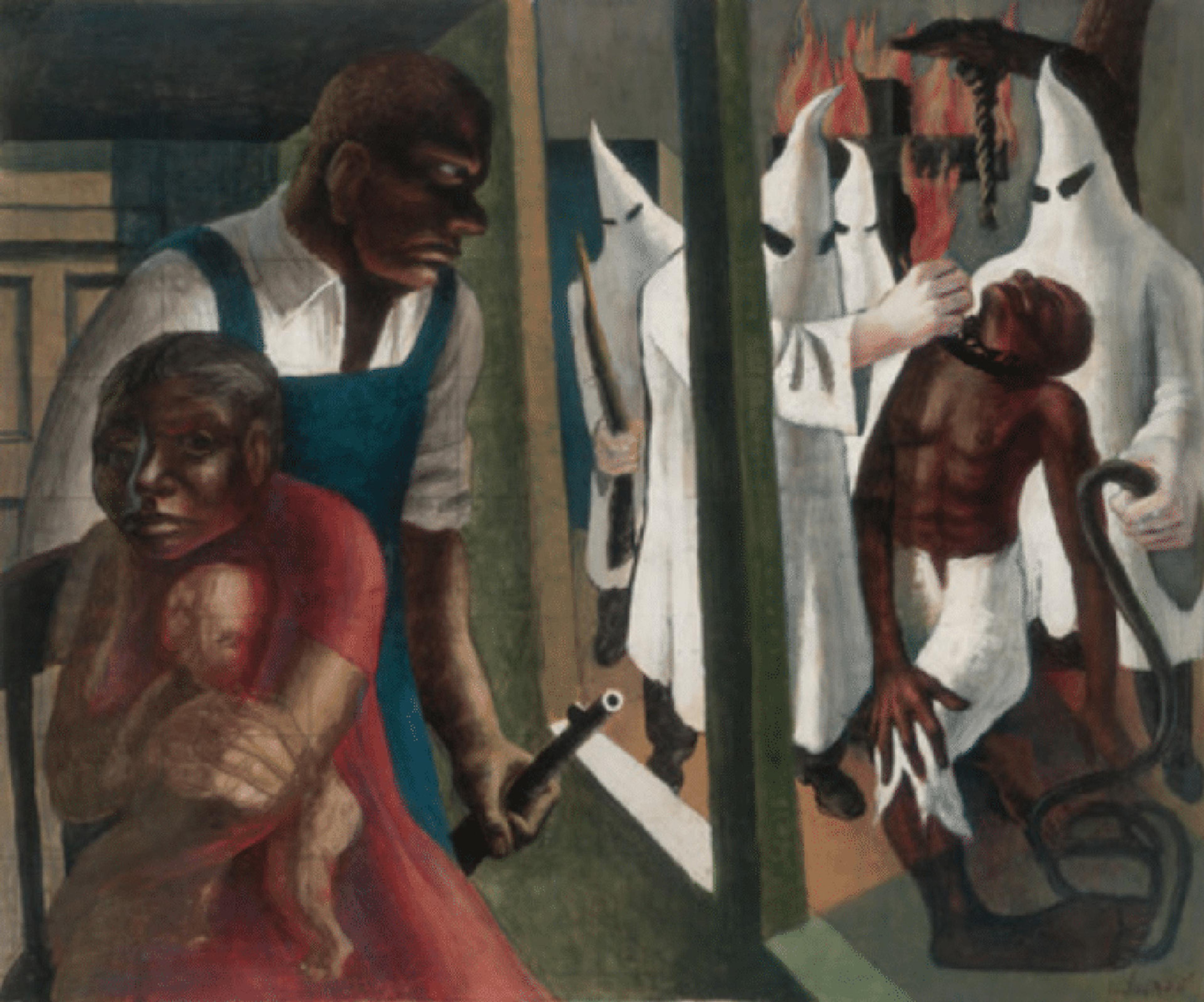 A distressing scene showing a man holding a rifle and a woman clutching a child, as hooded figures burn a person outside.