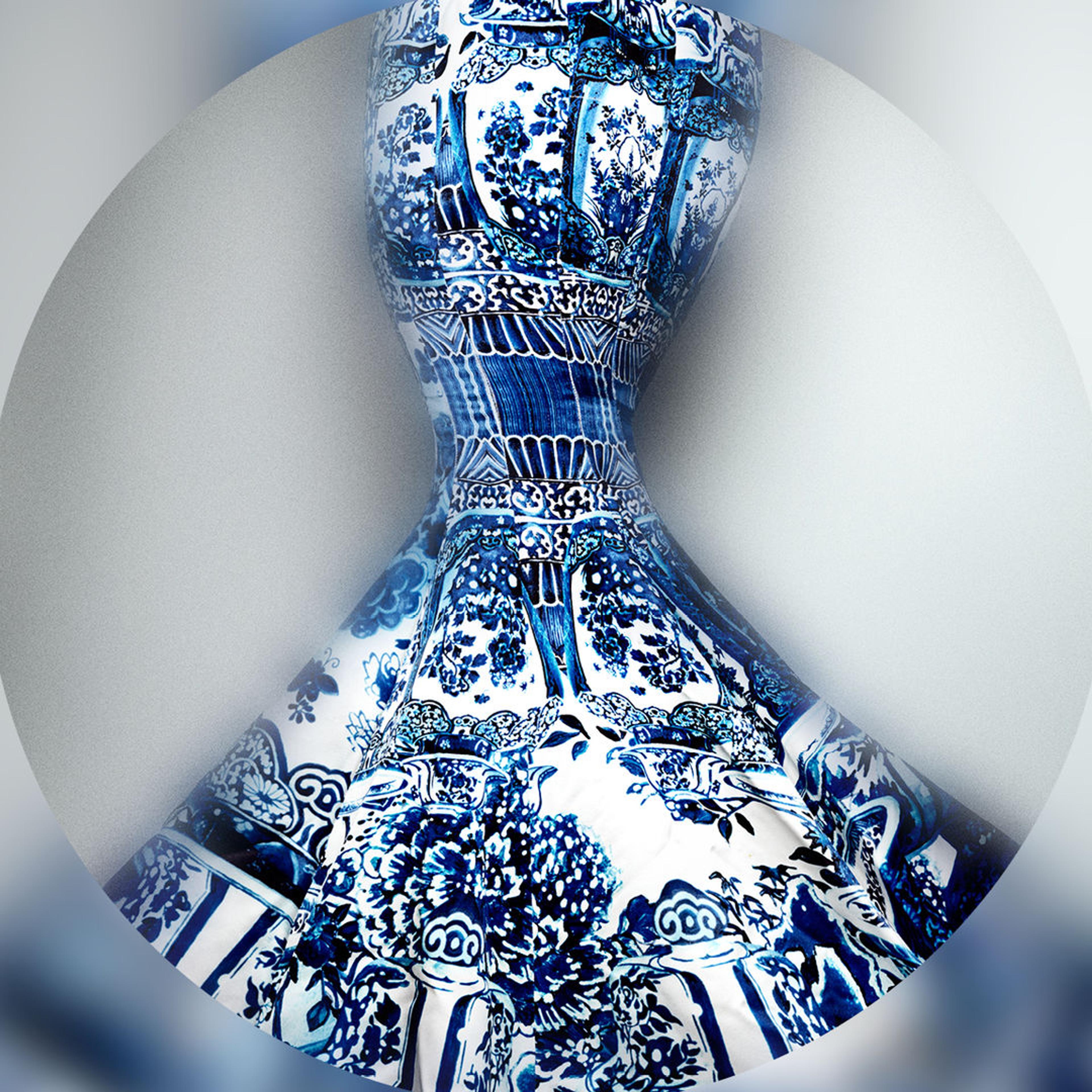 Blue and white evening dress (detail)