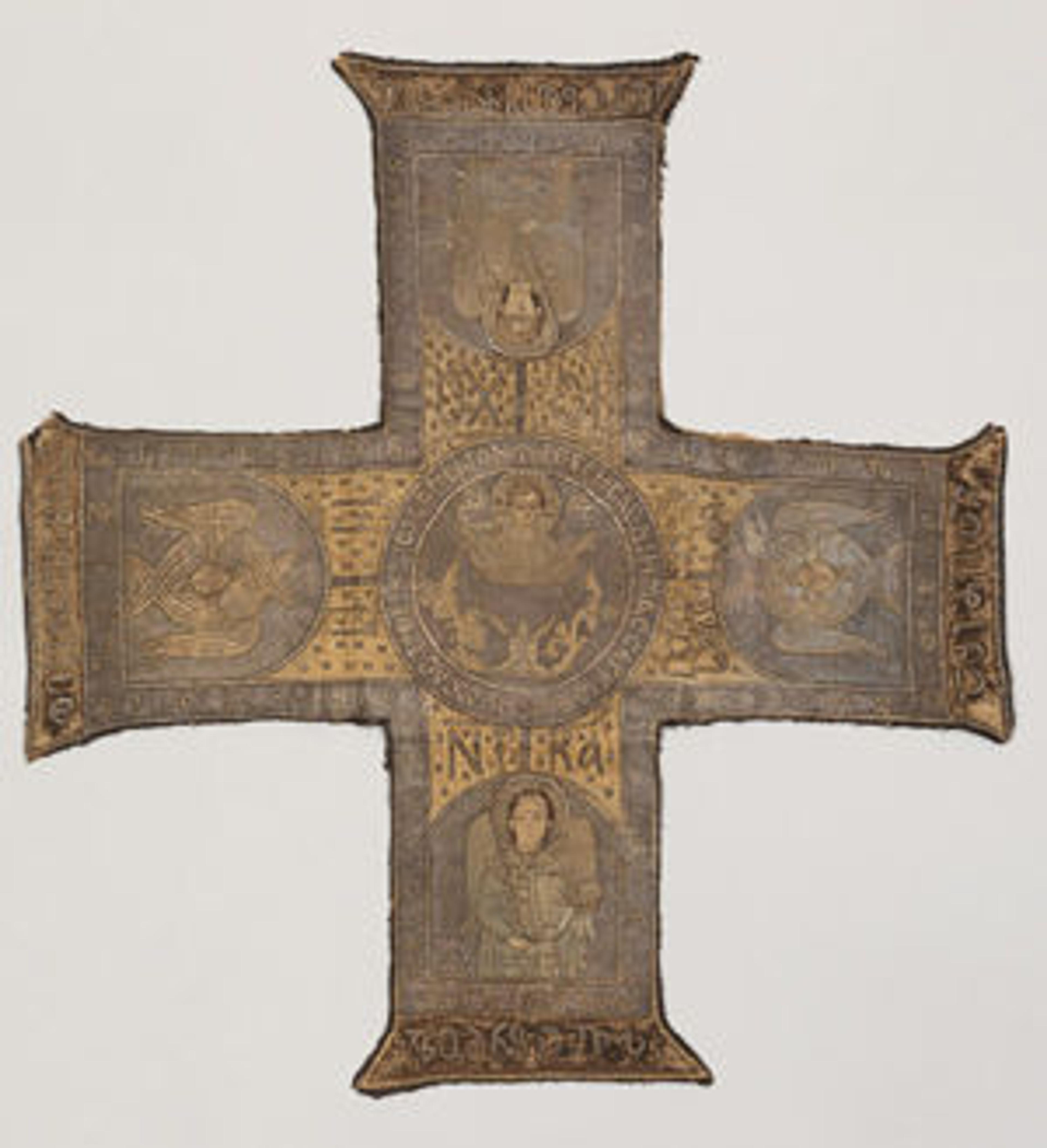 Left: Chalice cover, late 15th century. Georgian, Abkhasia. Silk and metal thread embroidery on a foundation of silk satin backed with linen plain weave; 16 3/4 x 17 in. (42.5 x 43.2 cm). The Metropolitan Museum of Art, New York, Gift of J. Pierpont Morgan, 1917 (17.190.128)