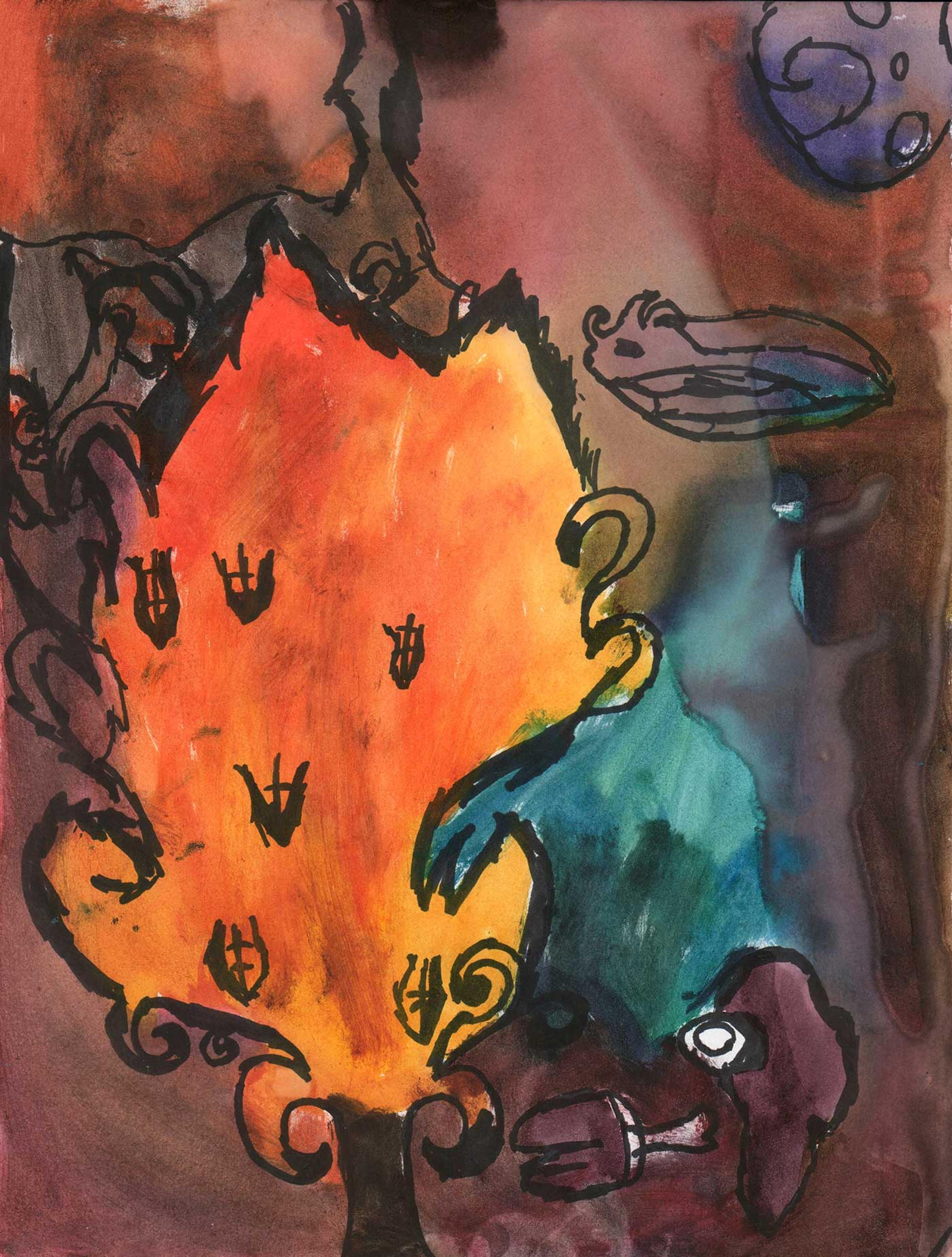 Painting of a tree in autumn with orange leaves.