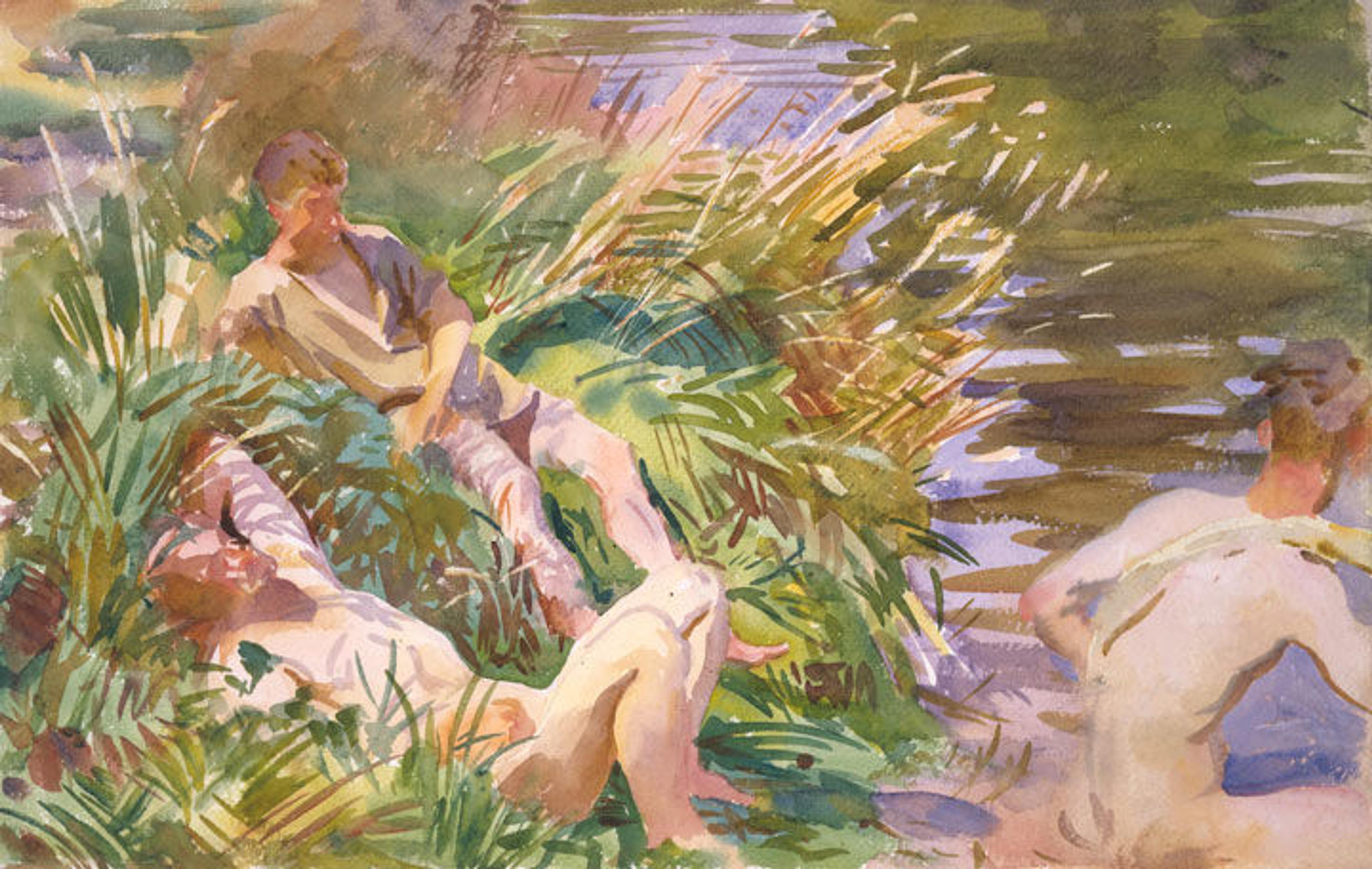 'Tommies Bathing,' a watercolor by John Singer Sargent depicting a group of nude British soldiers bathing in a river