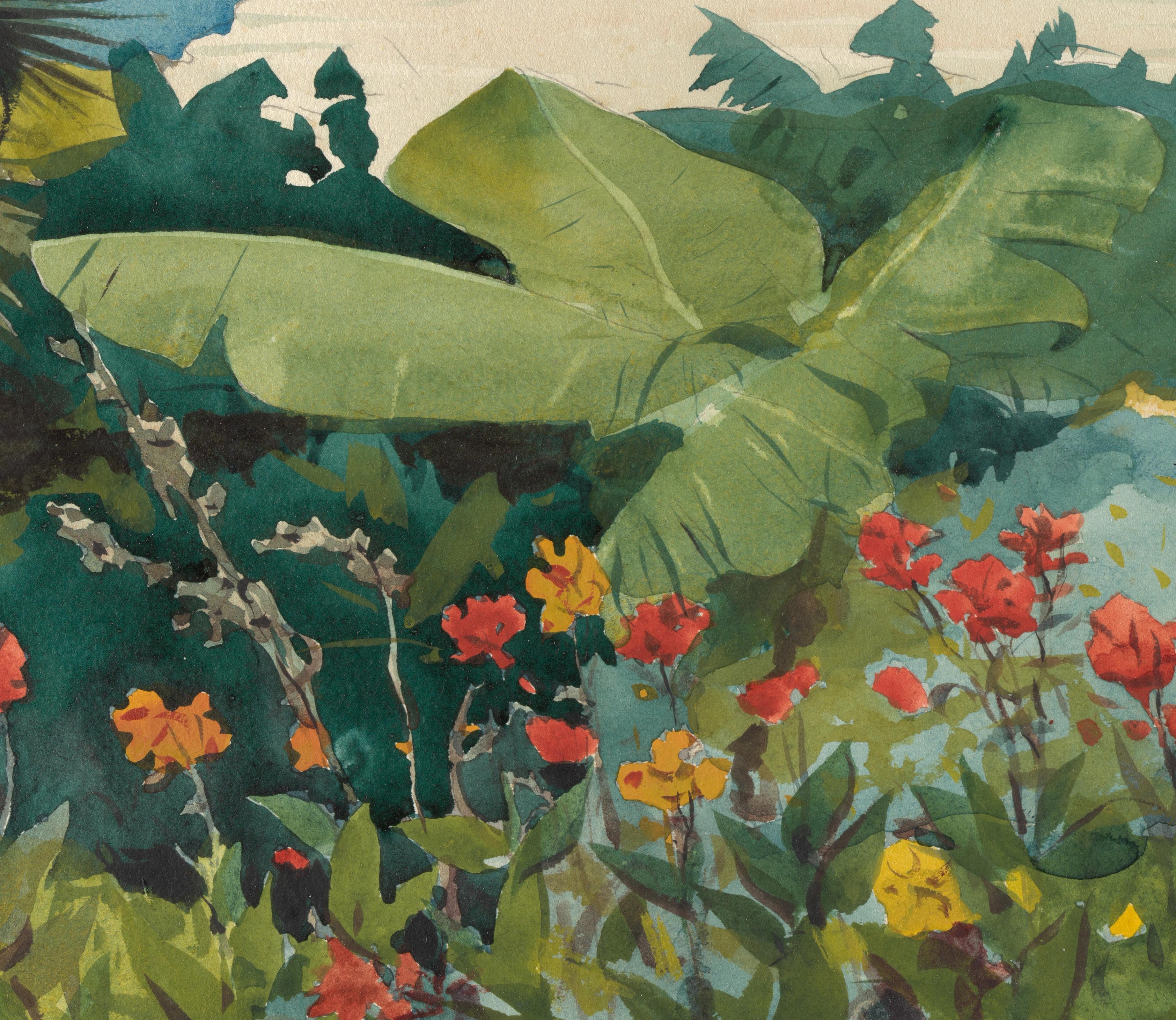 A detail of a large green tropical leaf from a watercolor image.