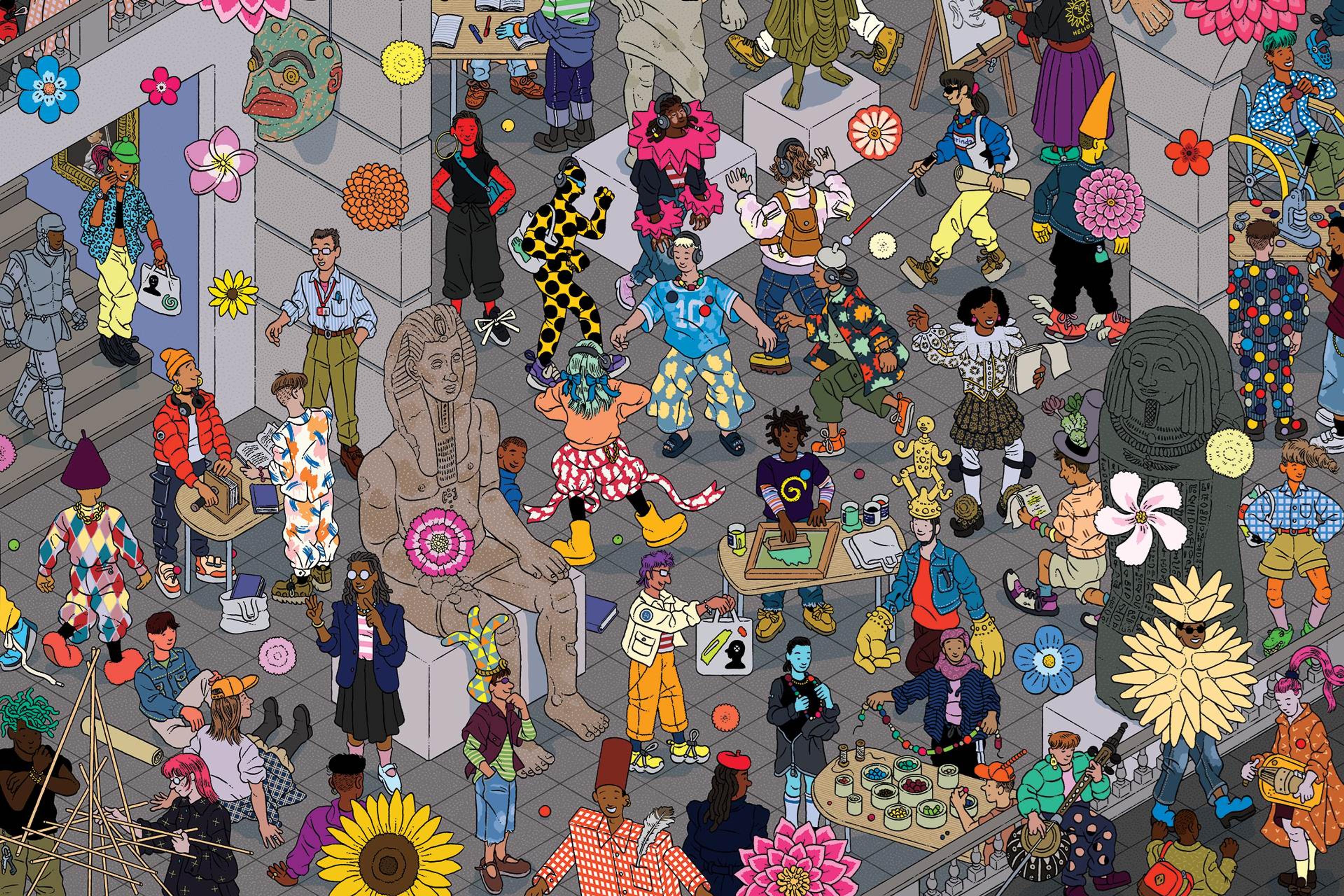 A digital illustration of a bustling teen-filled gallery. 