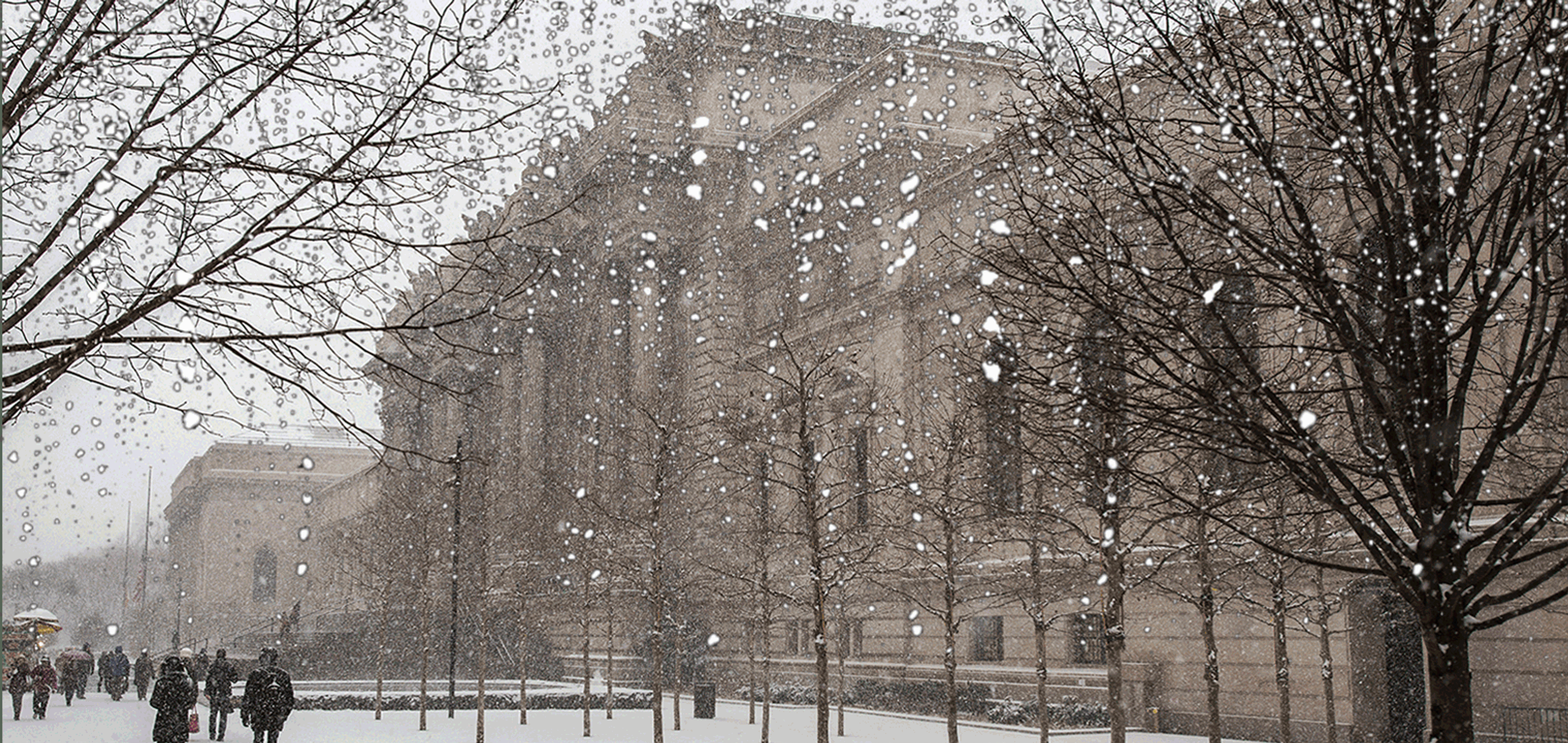 Picture of The Met during winter with animation of snow falling and bare trees.