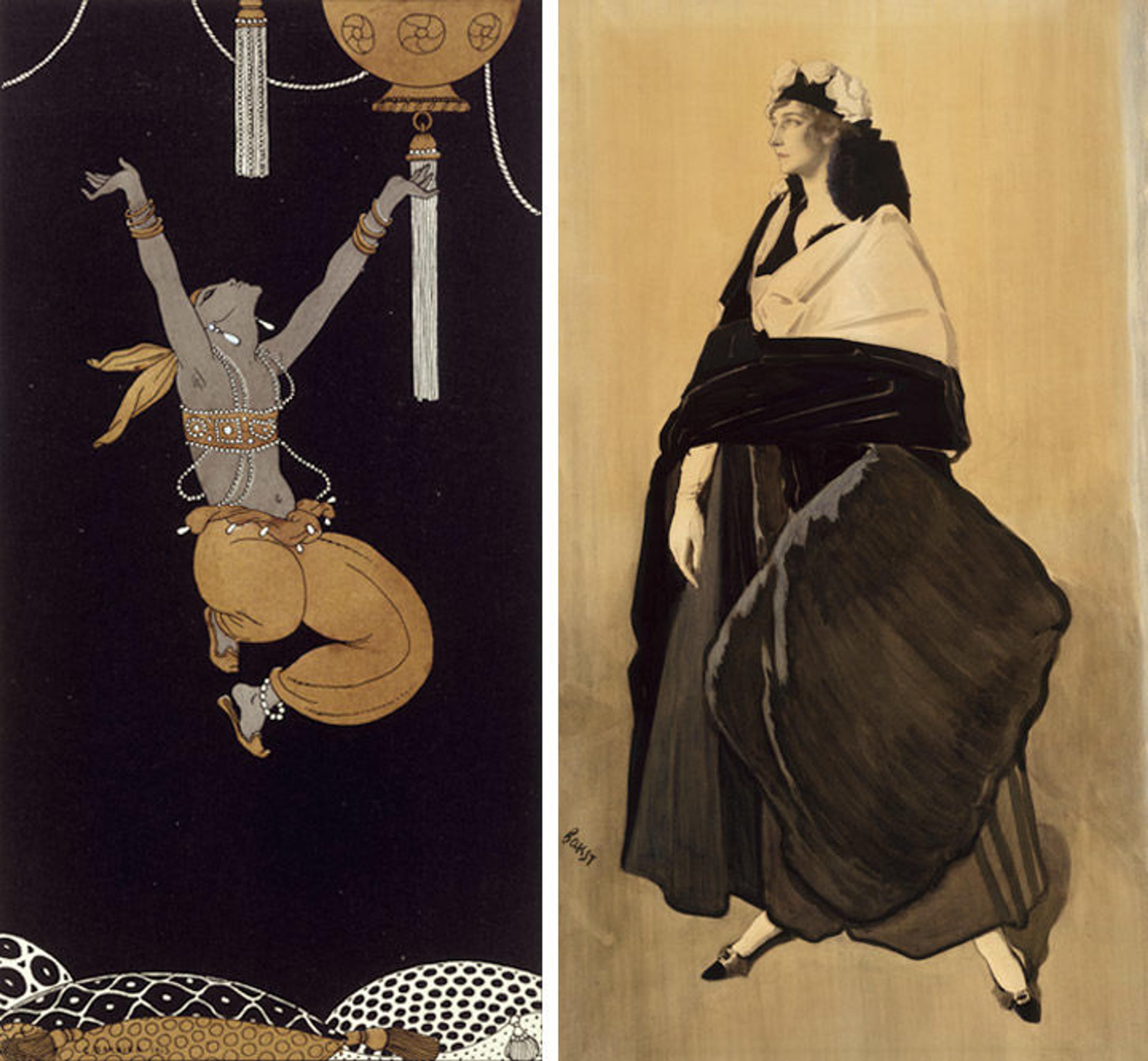 A print of Vaslav Nijinski by George Barbier on the left, and a Leon Bakst portrait of Ida Rubinstein on the right