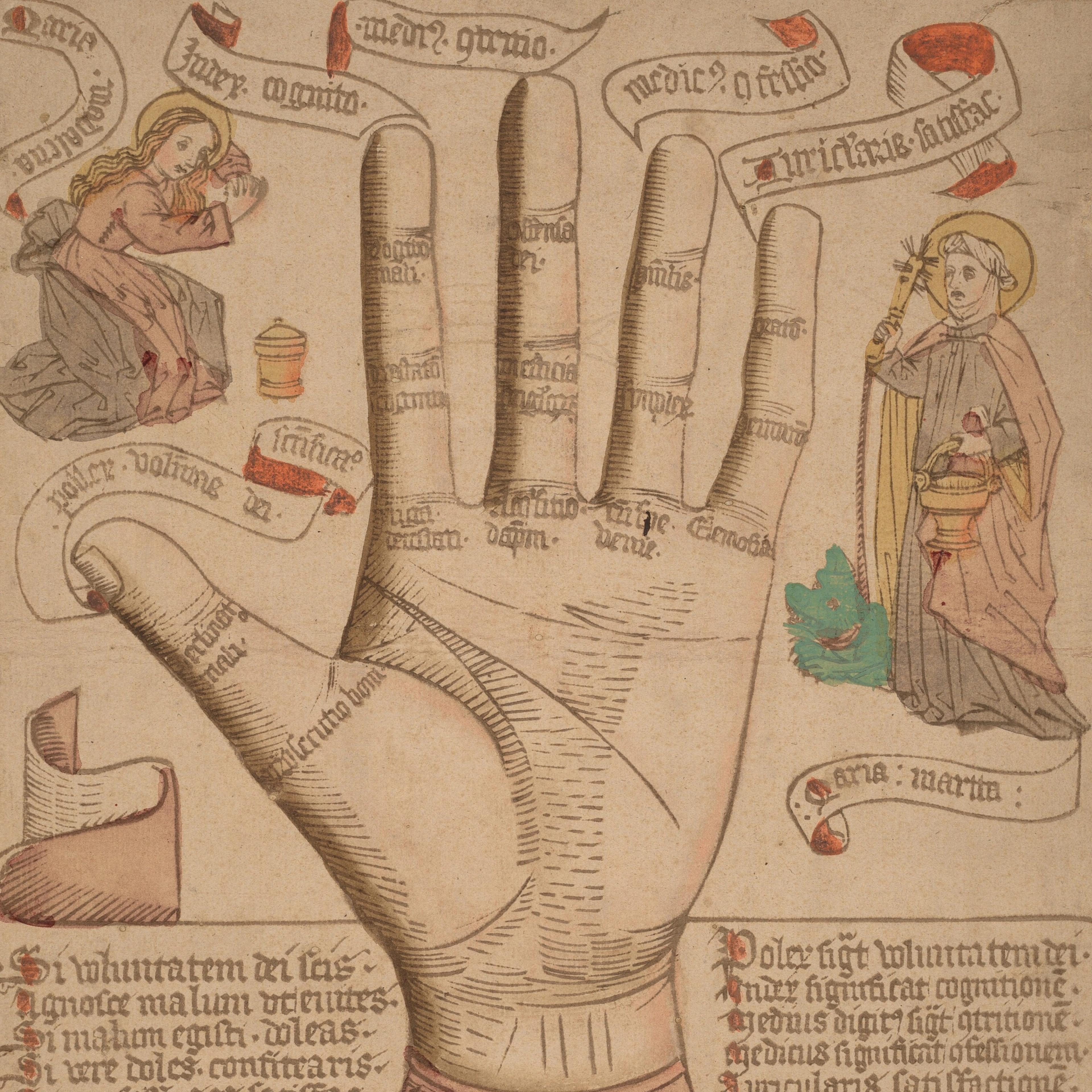 Manuscript page with a labeled hand diagram, flanked by scrolls, two religious figures, and Latin text.