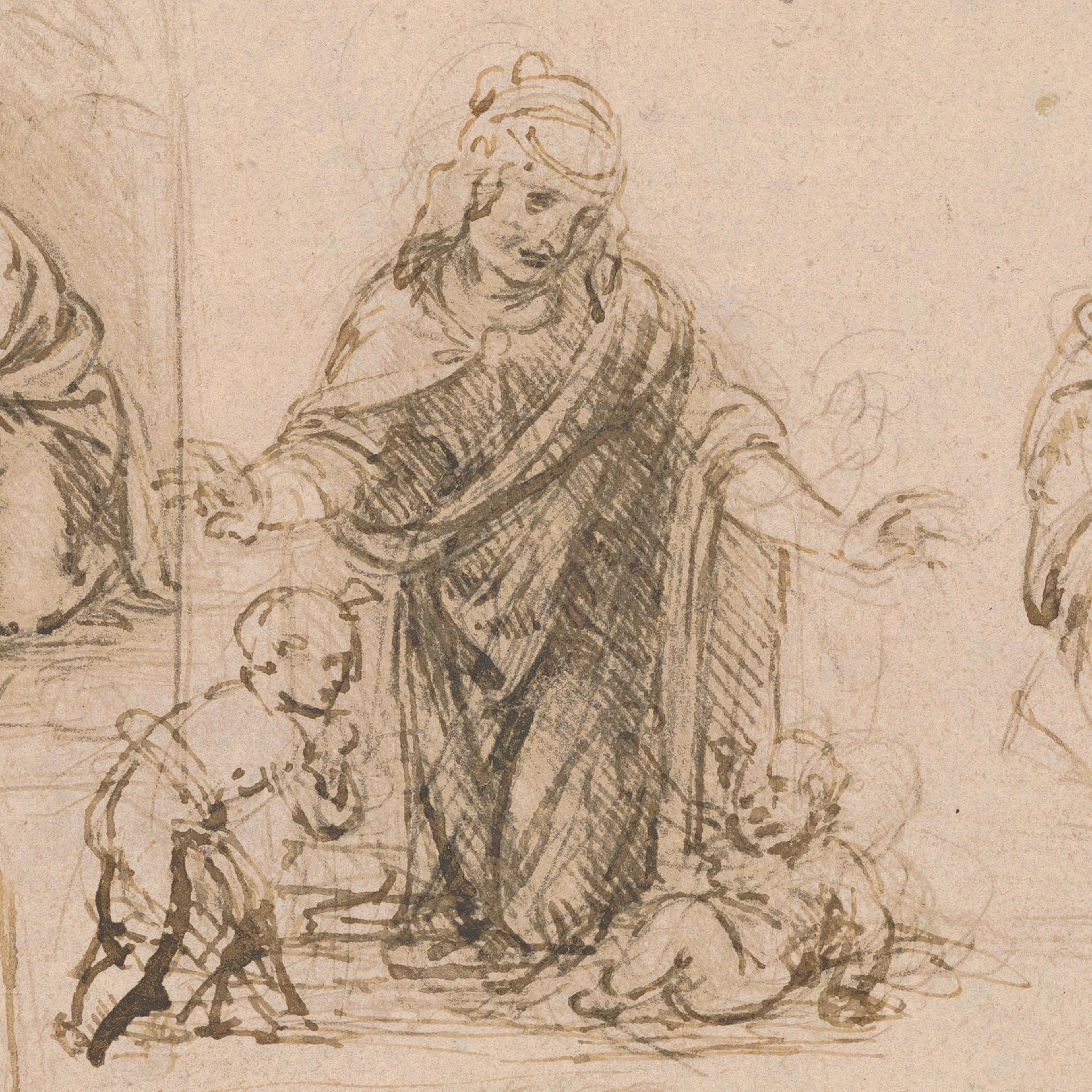 A metalpoint sketch of a woman in a robe with two babies at her feet on sepia paper.