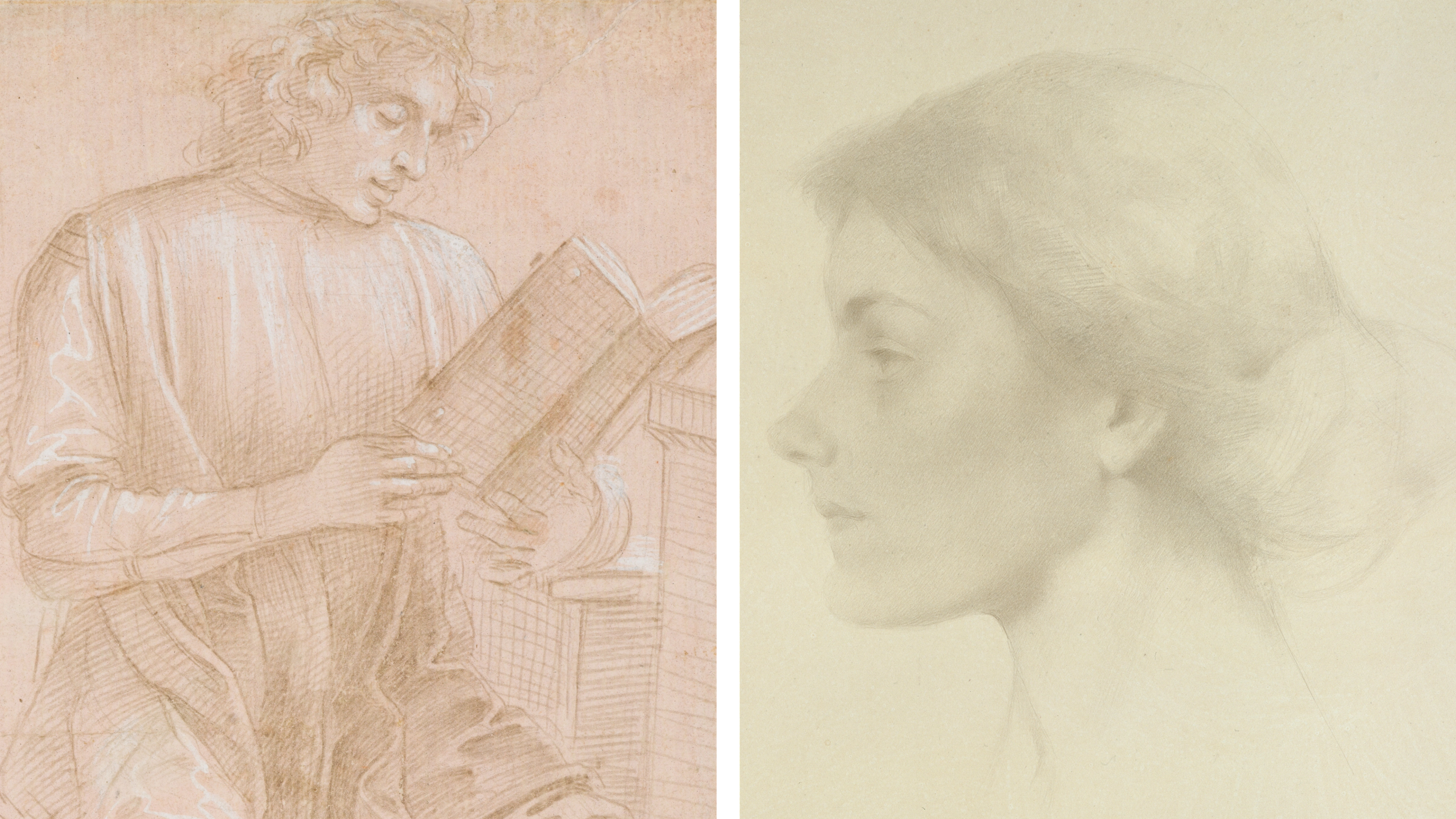 Left: a brown, white, and black rough sketch of a man reading a book. Right: a profile metalpoint sketch of a young woman's face in profile.