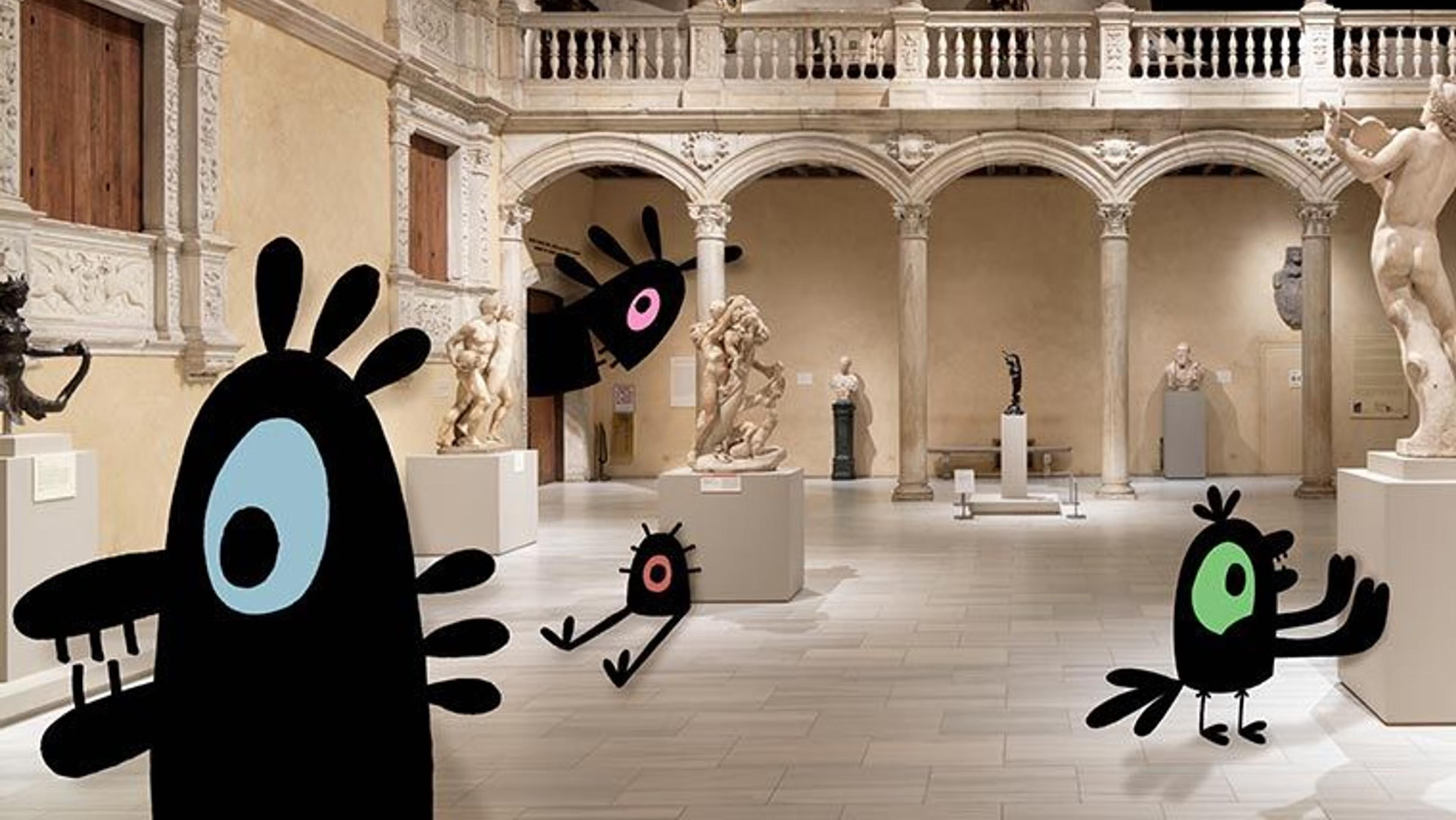 A photograph of the two-story patio of the Velez Blanco castle, which was originally in Spain but was relocated to The Met. The room, which is scattered with sculptures of people and natural creatures on plinths, is illustrated with simple quirky black cartoon characters scattered throughout the image looking at the art.