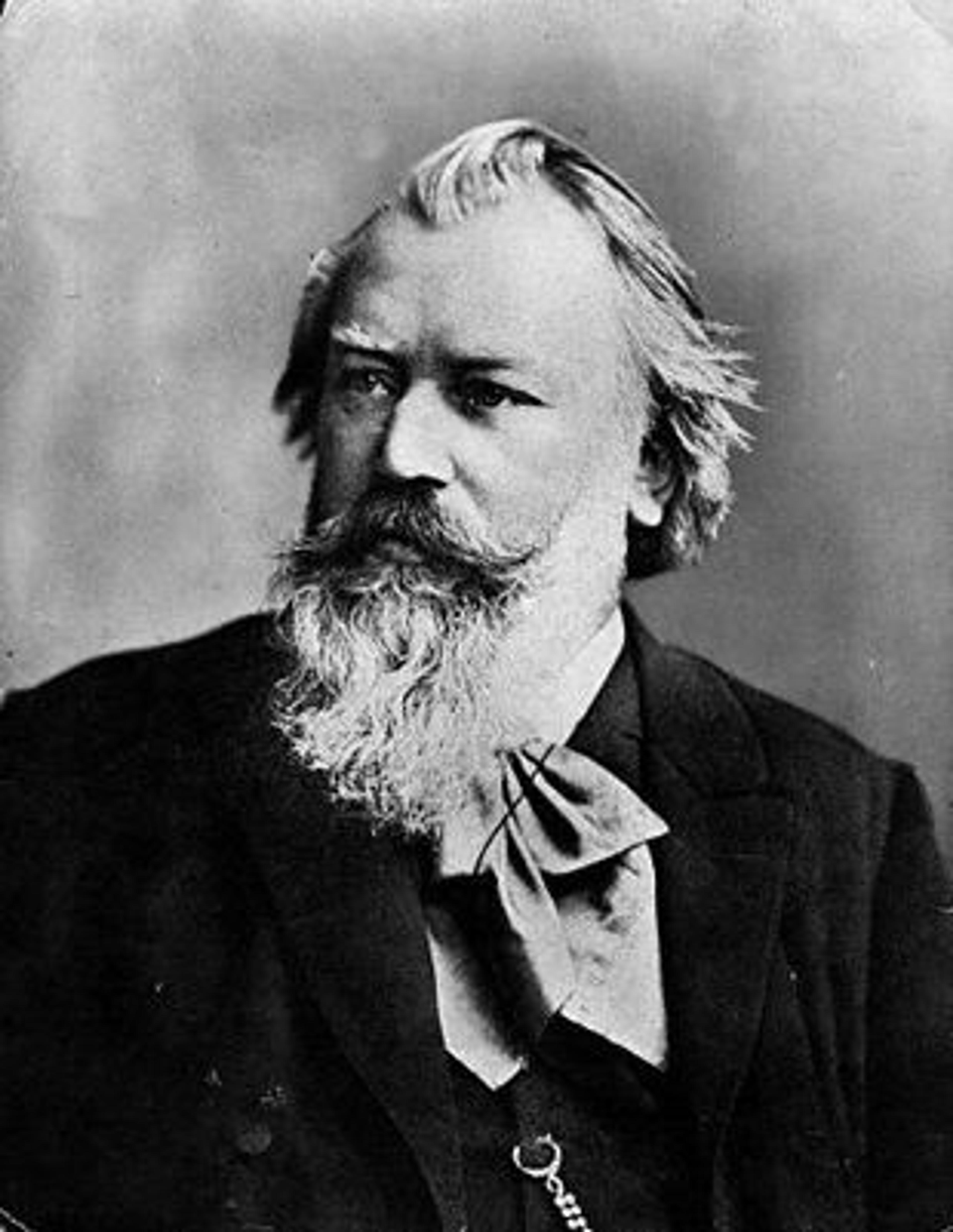 Left: Johannes Brahms. Public-domain image via Wikimedia Commons