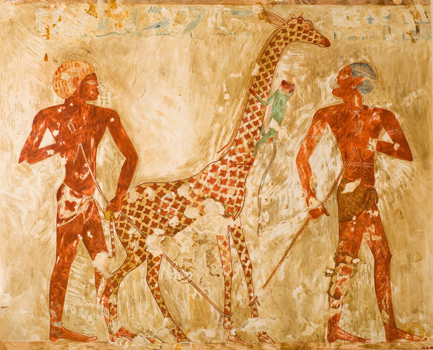 A facsimile painting featuring Nubians with a giraffe and a monkey