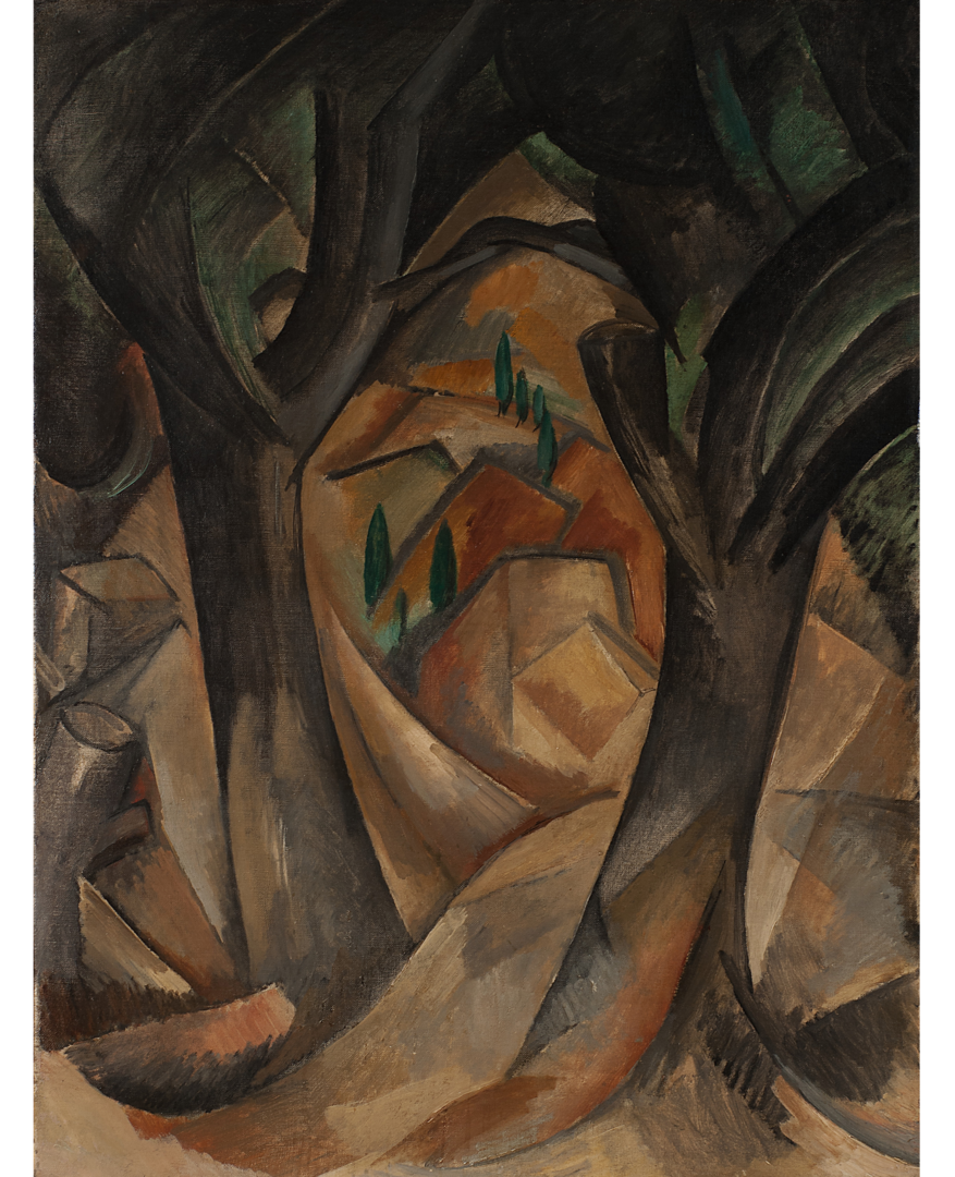 Cubist painting of trees framing houses nestled in a valley, in tones of brown and green