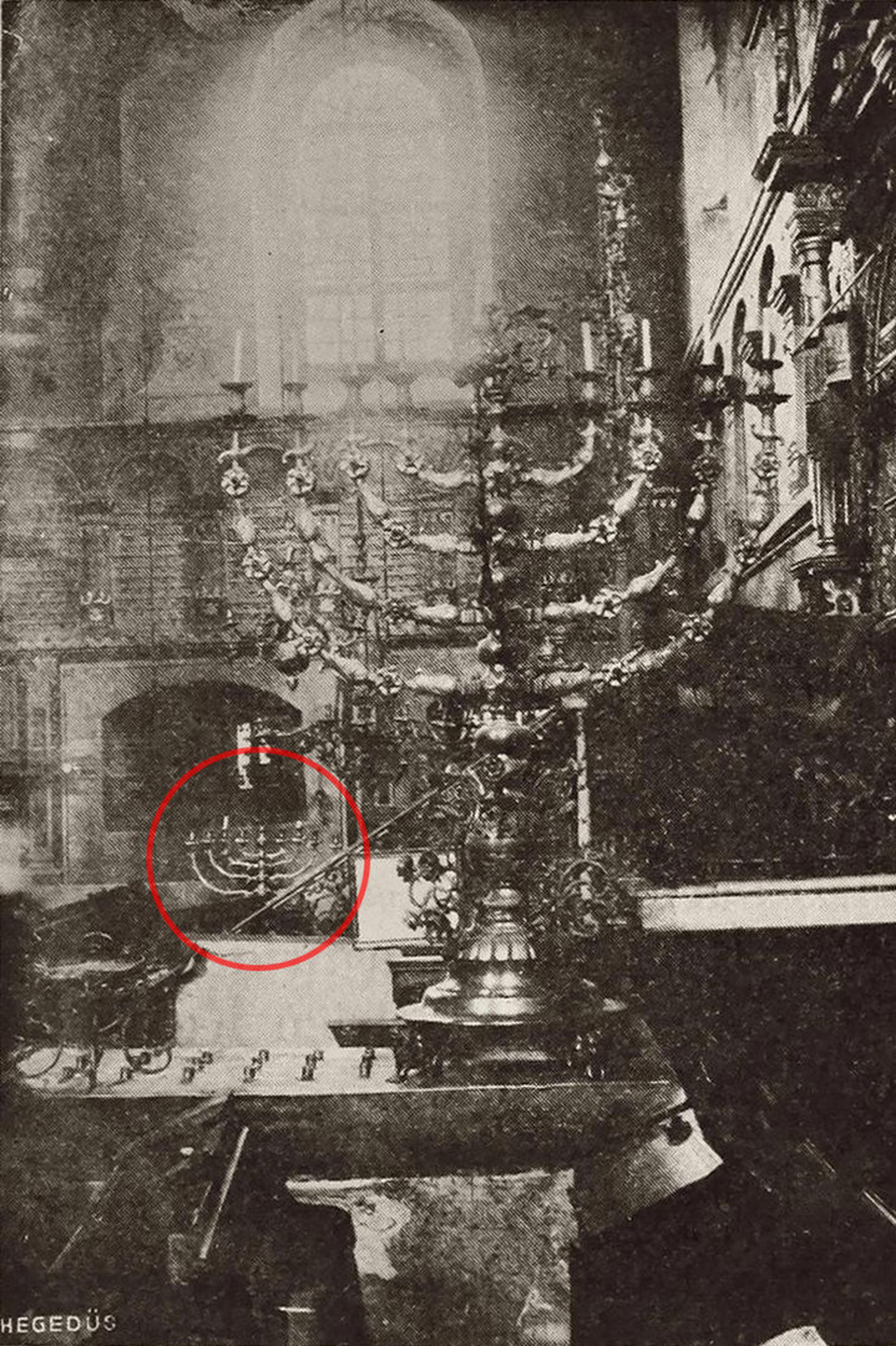 An old photo of a large menorah