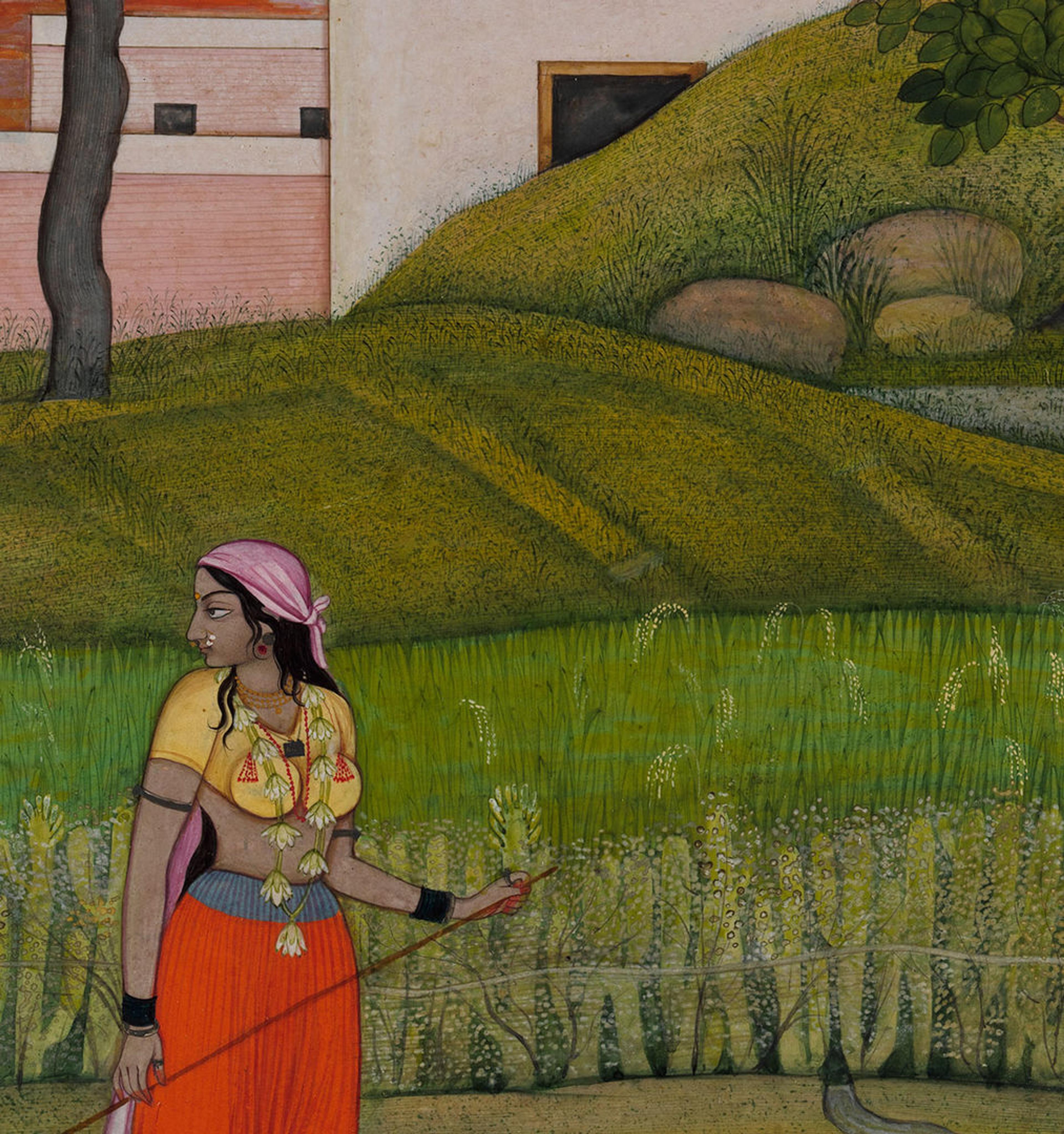 Painting of a woman standing in front of a field
