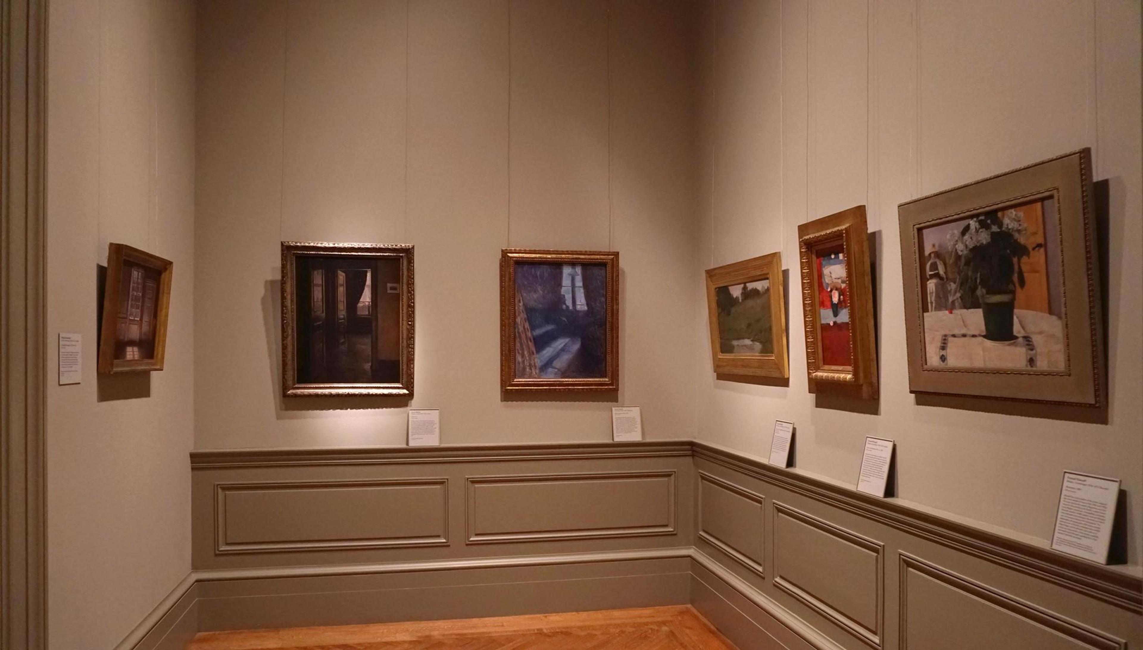 View of a gallery of paintings by northern European artists from the 19th century